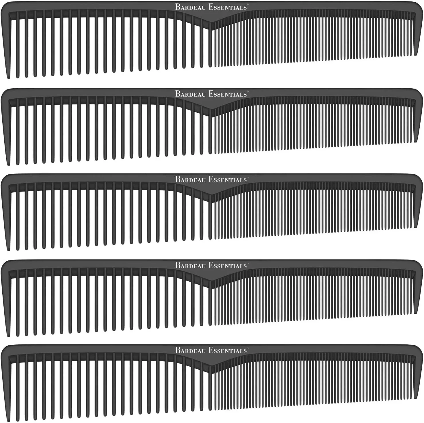 شانه حالت دهنده باردو اسنشیالز (بسته 5 عددی) | شانه حرفه ای 18 سانتی متری فیبر کربن مشکی آنتی استاتیک مقاوم در برابر مواد شیمیایی و حرارت برای انواع مو | شانه دندانه ریز و درشت برای آقایان و بانوان |