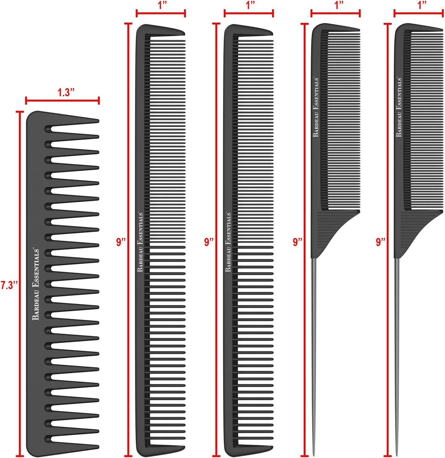 مجموعه شانه حالت دهی مو باردو اسنشیالز | 5 تکه | شانه های موی فیبر کربن مشکی حرفه ای | شانه باز کننده گره مو | شانه دم موشی | شانه پوش دهنده مو | ست شانه ترکیبی درجه یک سالنی برای آقایان و بانوان