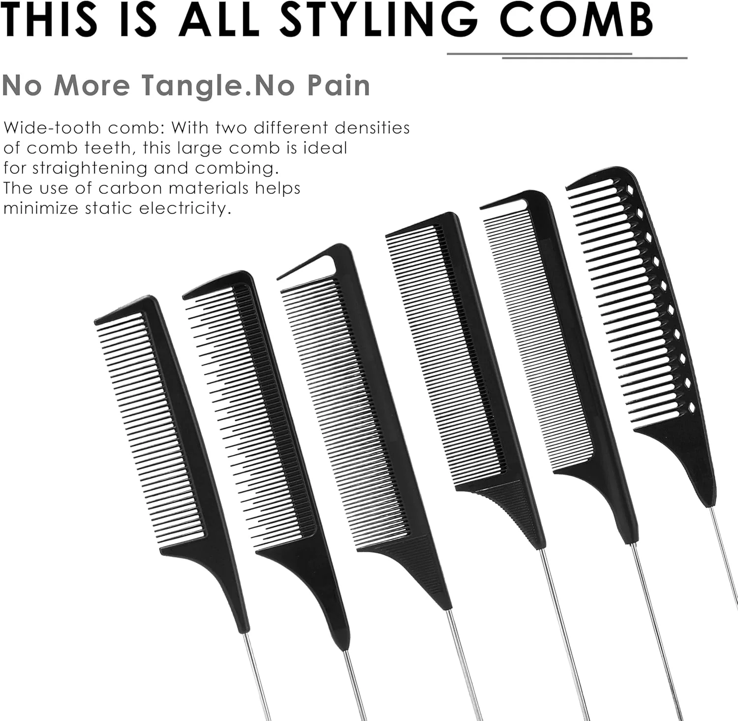 مجموعه شانه 6 تکه بیوتی سیکرتس Foolzy، فیبر کربن مشکی و استیل ضد زنگ، دم باریک، مقاوم در برابر مواد شیمیایی و حرارت، شانه پوش دهنده سبک وزن، شانه دم موشی برای انواع مو