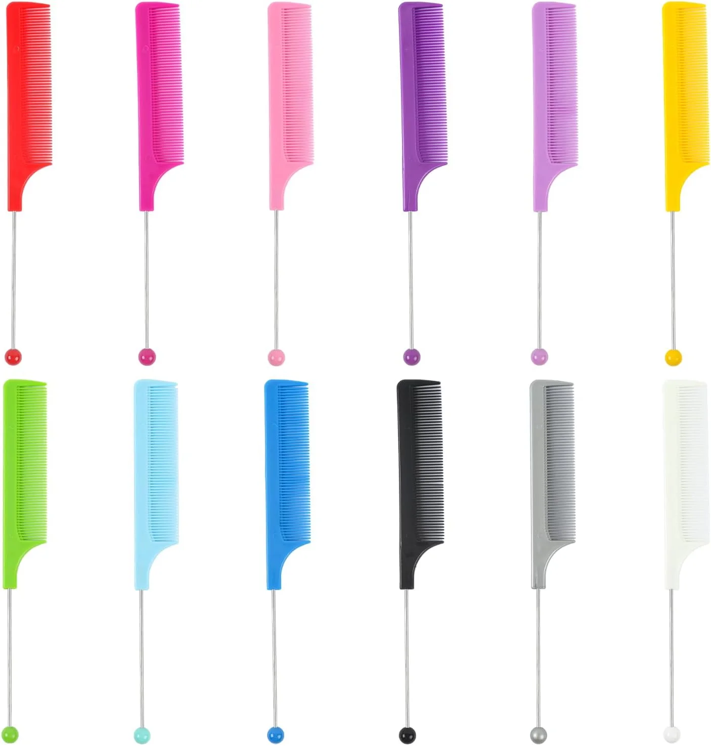 آسونفو 12 عدد شانه موی مهره دار، شانه دم موشی مهره دار با میله برای آرایشگر DIY، 12 رنگ