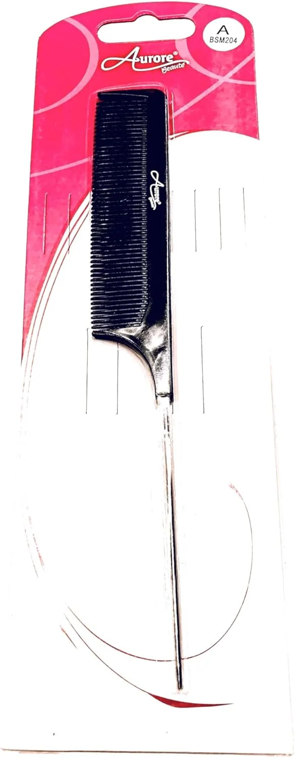 Aurore Beauté - شانه دندانه ریز با دم استیل ضد زنگ - شانه جدا کننده - شانه دقیق - شانه دم موشی - مقاوم در برابر حرارت - 20 x 2.6 سانتی متر - مشکی