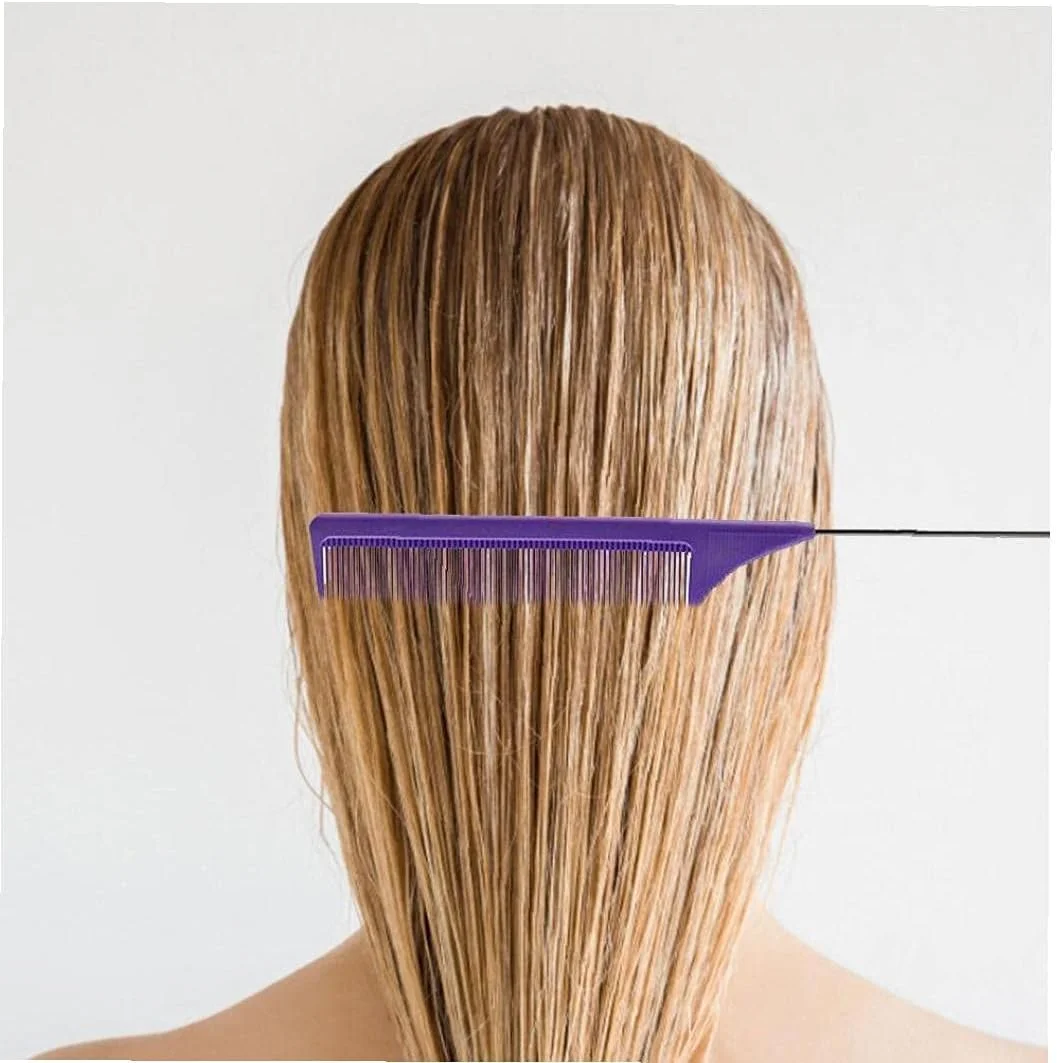 شانه دم باریک ضد الکتریسیته ساکن AntiHEJLZC با پین فلزی مقاوم در برابر حرارت و دندانه های ظریف بنفش، مناسب حالت دهی و فر کردن مو