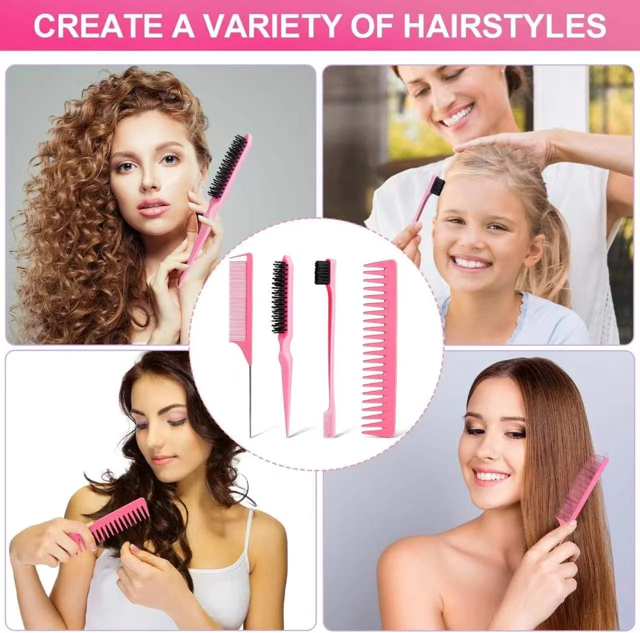 مجموعه 4 عددی برس مو و شانه حالت دهی آنمیچیو، شامل برس لبه موی مویی، شانه پوش دهنده، شانه دم موشی و شانه دندانه پهن برای شانه کردن، صاف کردن و حالت دادن موی زنان، دختران و مردان (صورتی)