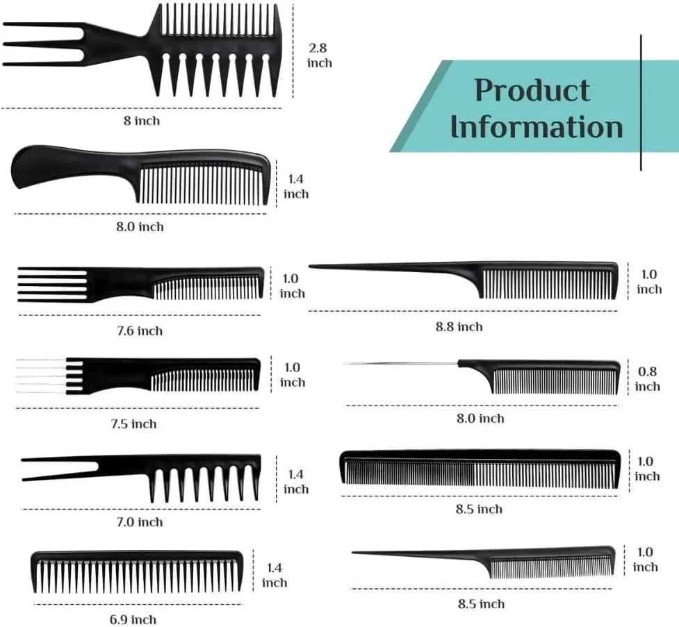 مجموعه شانه مو 10 عددی باغ امیتیس - شانه‌های آرایشگری ضد الکتریسیته ساکن، شانه‌های چند منظوره طراحی مو، شانه‌های باز کننده گره مو - شانه‌های موی دندانه ریز و پهن پلاستیکی مردانه و زنانه (مشکی)