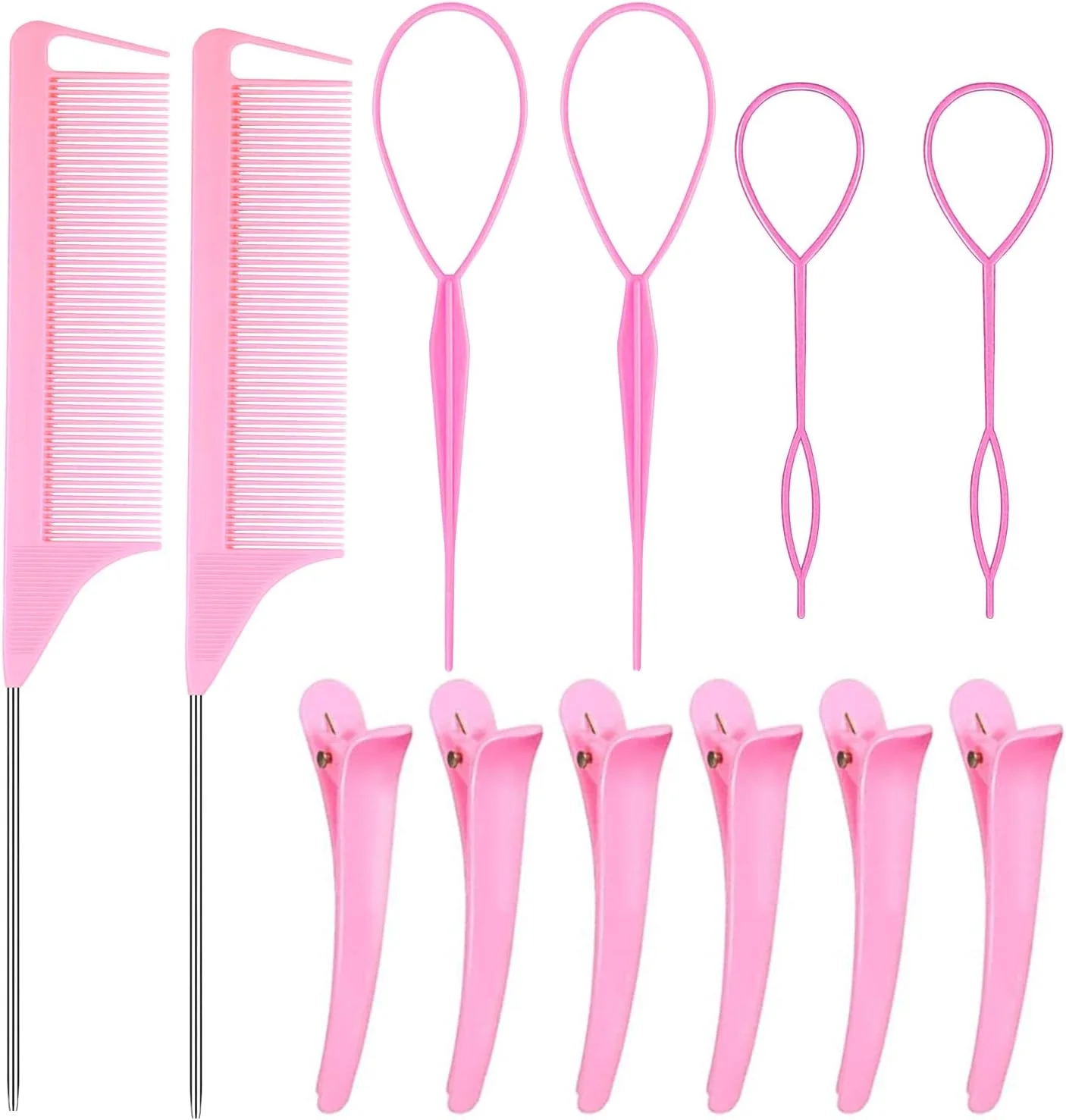 مجموعه ابزار بافت مو 12 عددی AESIFR شامل 4 عدد ابزار بافت مو فرانسوی، 2 شانه دم موشی، شانه فرق باز کن برای بافت مو و 6 گیره نوک اردکی برای زنان و دختران (صورتی)