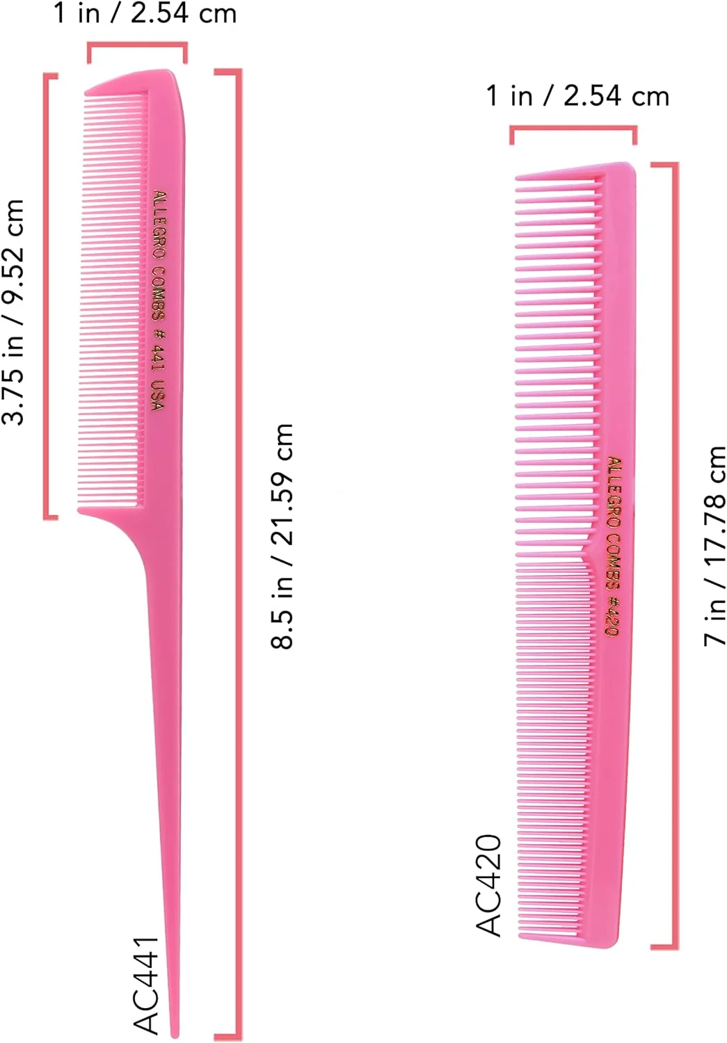 مجموعه شانه دم باریک و آرایشگری Allegro Combs، شانه حالت دهنده دم موشی، مردانه زنانه بچگانه، صورتی تازه