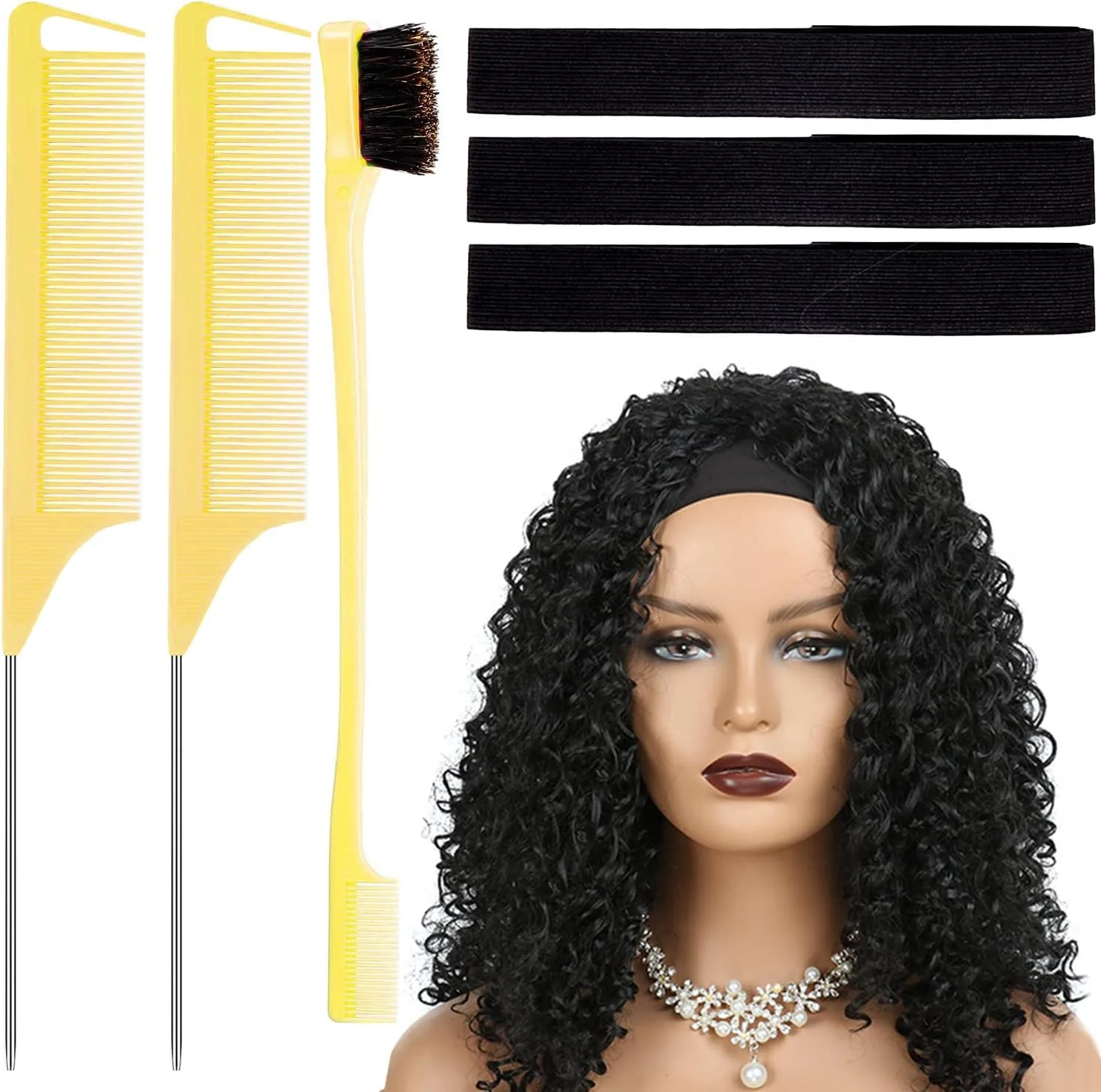 شانه مو AESIFR و کش الاستیک برای لبه کلاه گیس، باند ذوب توری قابل تنظیم برای حالت دادن لبه ها و 2 شانه دم موشی برای حالت دادن و بافتن مو و 1 برس دو طرفه لبه مو به همراه 4 گیره مو (زرد)