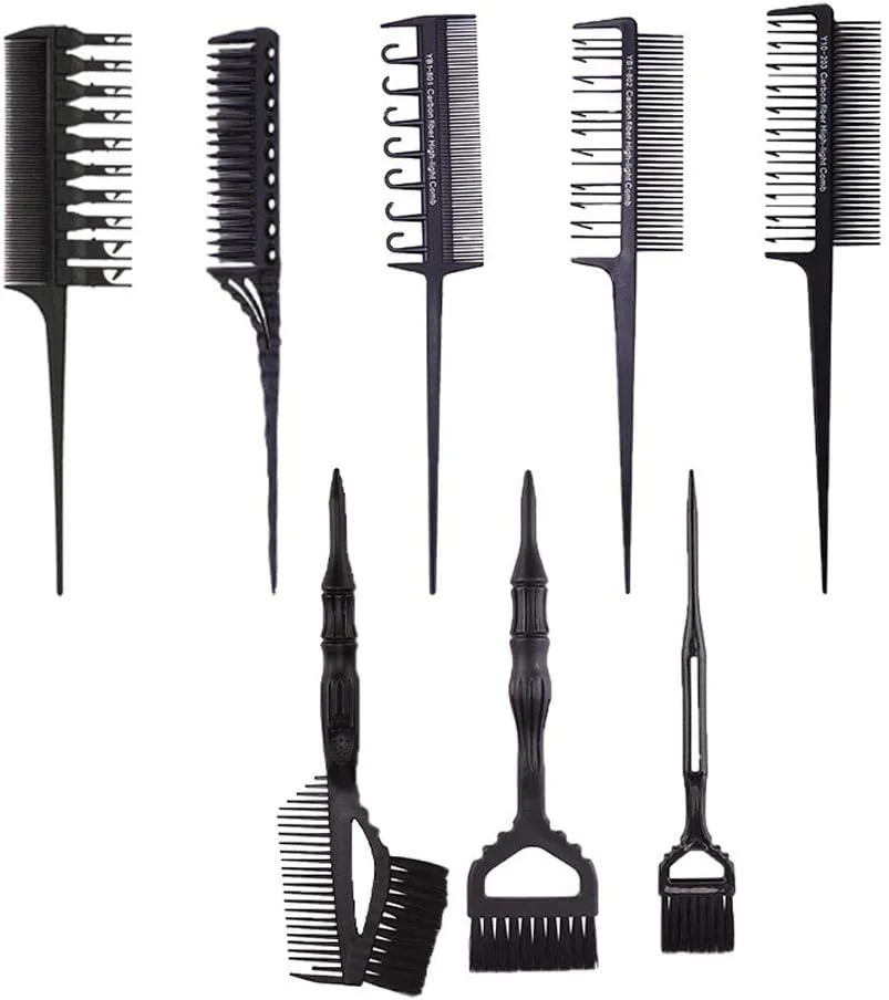 ست شانه حالت دهنده مو حرفه ای 9 عددی، شانه دم موشی، ابزار رنگ مو، برس رنگ مو، شانه ضد گره