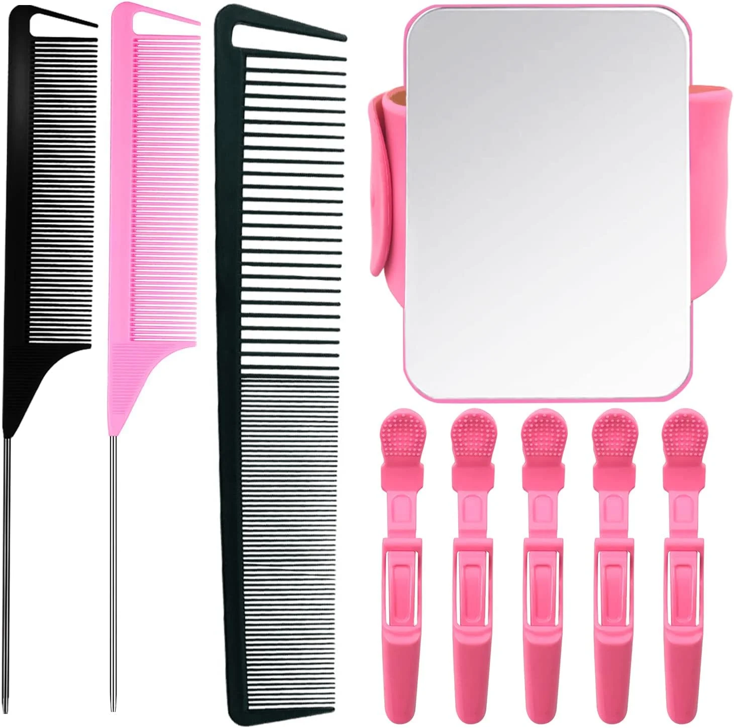 ست شانه مو 9 تکه شامل شانه دم موشی - 2 عدد شانه بافت مو، شانه حالت دهنده مو، 1 عدد شانه دندانه ریز و پهن و مچ بند مغناطیسی سوزن ته گرد خیاطی با 5 عدد گیره مو سوسماری (صورتی)