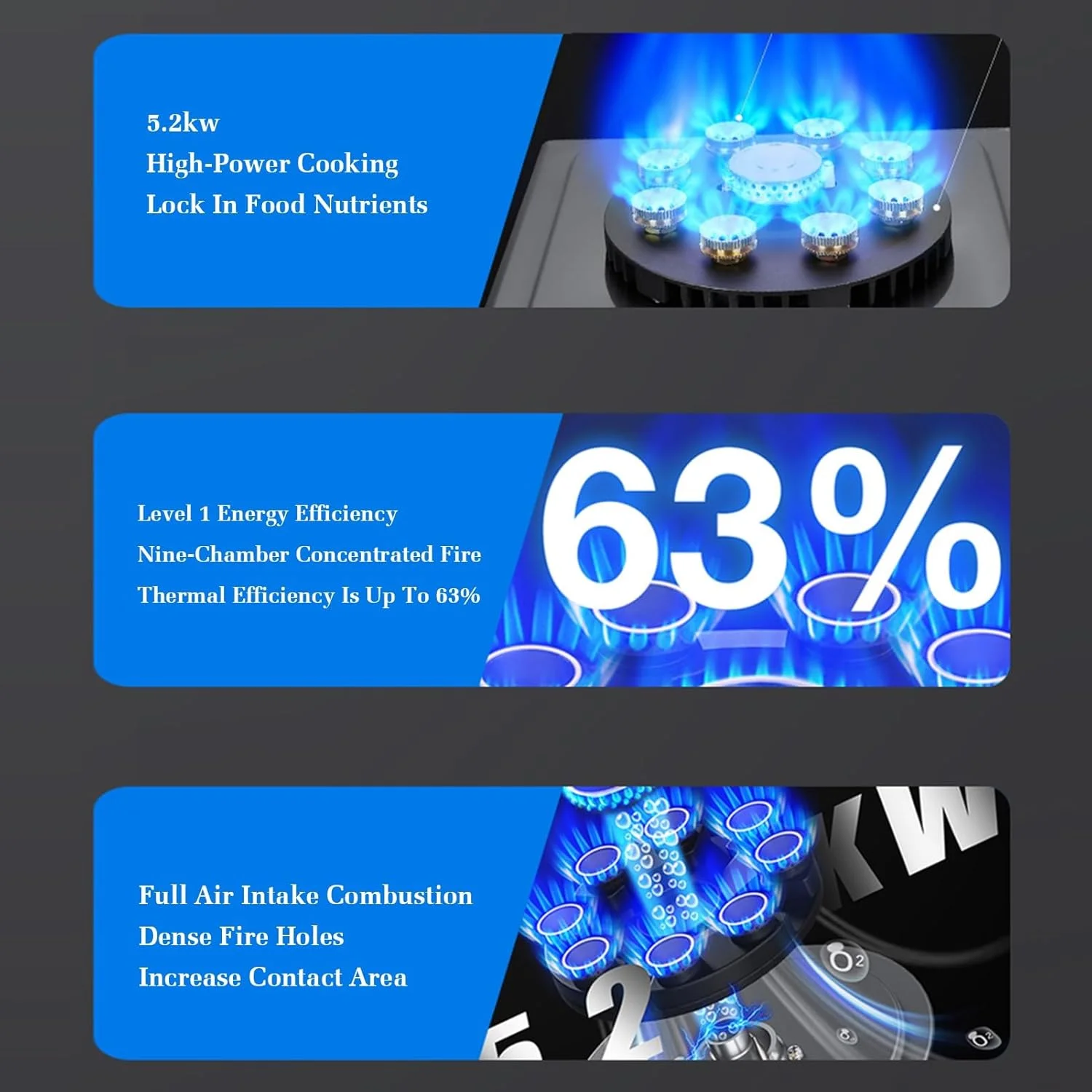 اجاق گاز تک شعله BXKCFYBSQ، اجاق گاز قابل حمل، 5.2 کیلووات، اجاق گاز نه حفره ای با حرارت بالا، اجاق گاز تبدیل گاز/گاز مایع، با محافظت در برابر خاموش شدن شعله، برای آشپزخانه منزل (گاز طبیعی)
