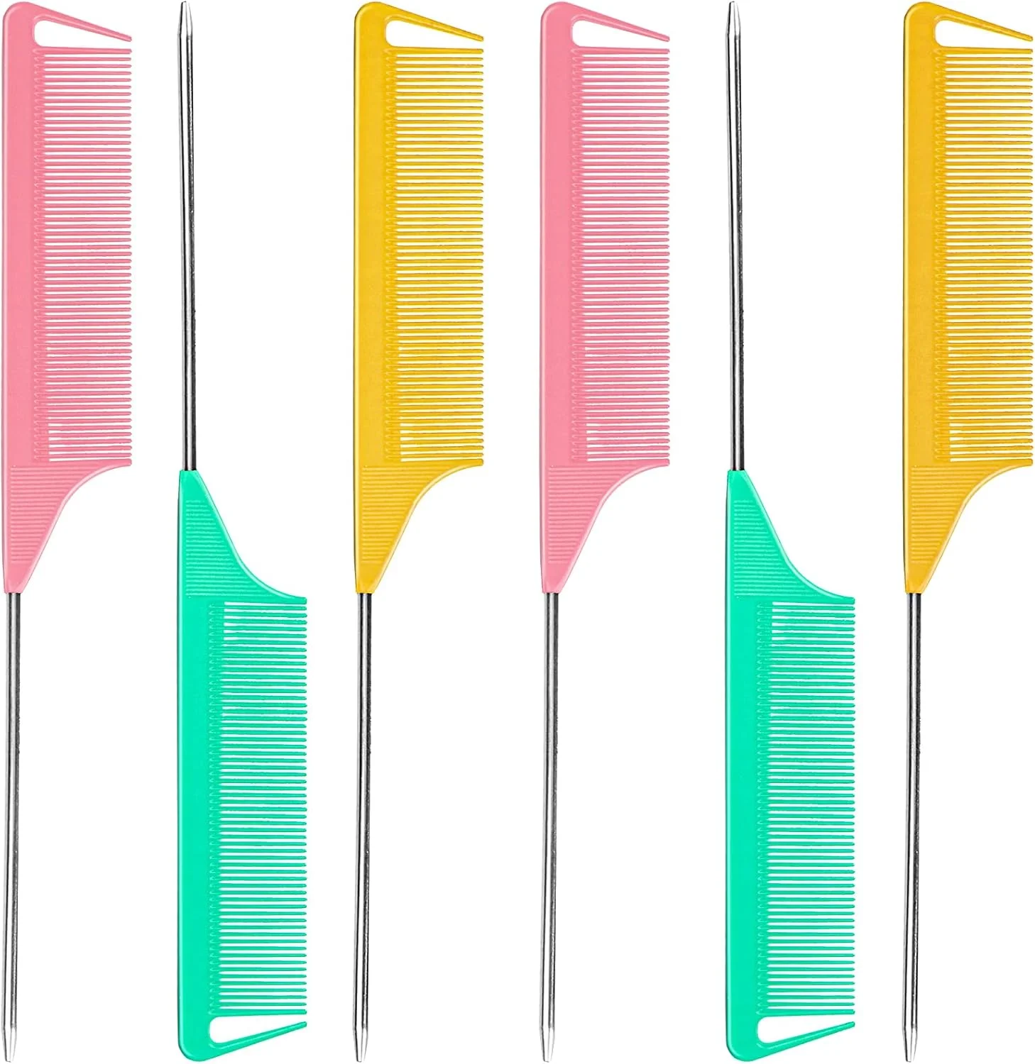 ست 6 عددی شانه دم موشی تقسیم مو - شانه پوش دهنده دم موشی با دندانه های ریز و سوزن فلزی برای زنان، شانه فلزی دم موشی حالت دهنده مو با سوزن استیل، شانه کربنی مقاوم در برابر حرارت برای بافت موهای فر