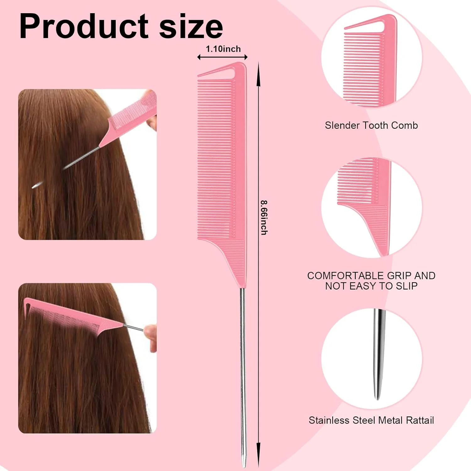 ست 6 عددی شانه دم موشی تقسیم مو - شانه پوش دهنده دم موشی با دندانه های ریز و سوزن فلزی برای زنان، شانه فلزی دم موشی حالت دهنده مو با سوزن استیل، شانه کربنی مقاوم در برابر حرارت برای بافت موهای فر