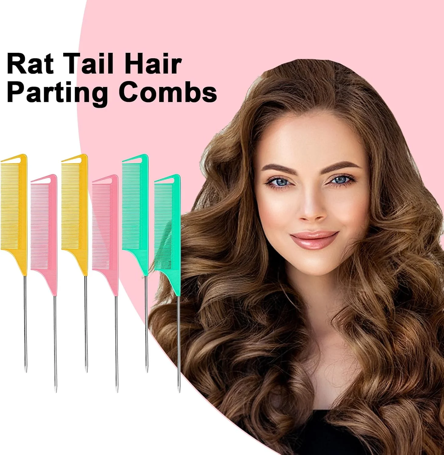 ست 6 عددی شانه دم موشی تقسیم مو - شانه پوش دهنده دم موشی با دندانه های ریز و سوزن فلزی برای زنان، شانه فلزی دم موشی حالت دهنده مو با سوزن استیل، شانه کربنی مقاوم در برابر حرارت برای بافت موهای فر