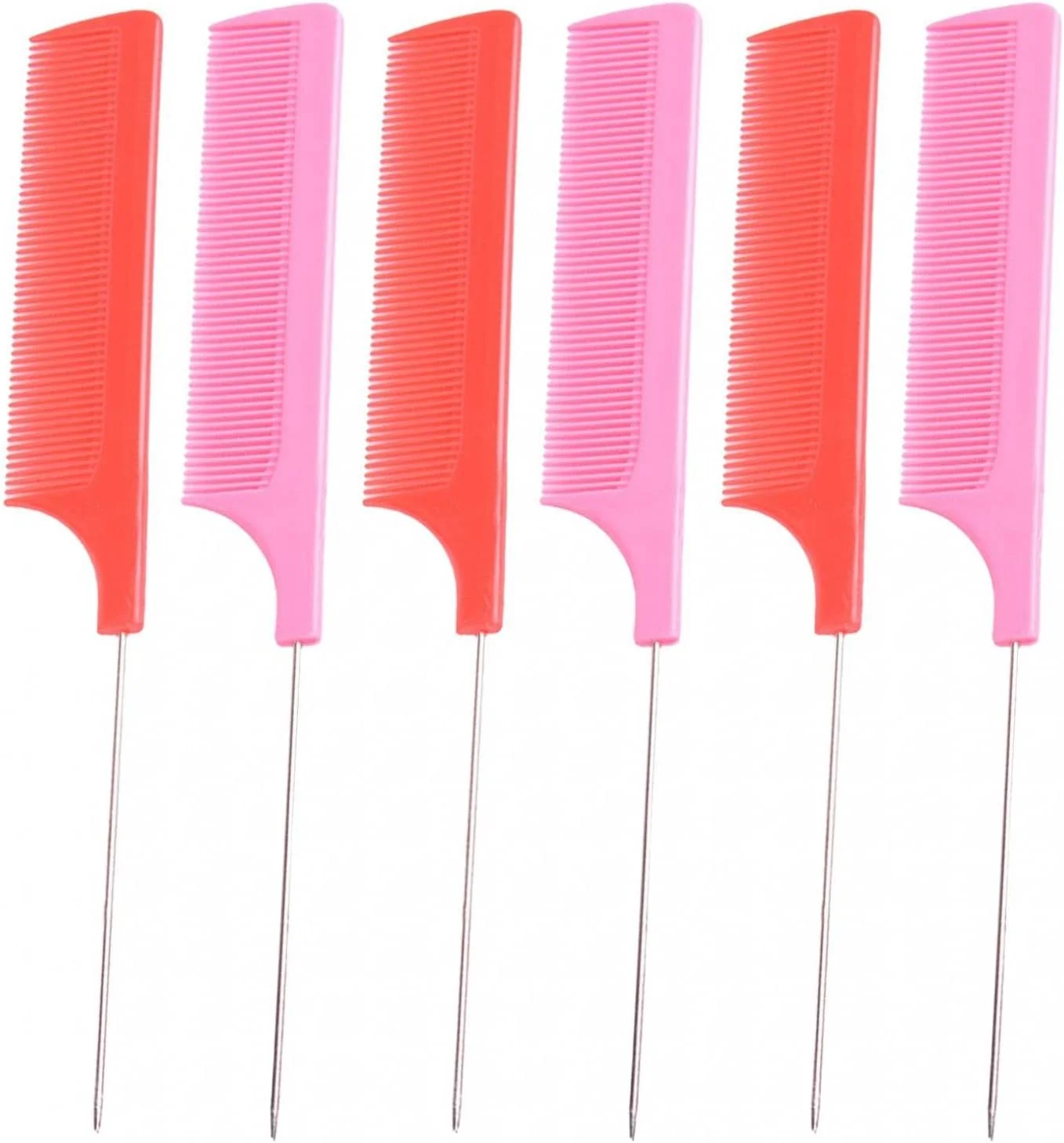 شانه دم موشی حرفه ای 6 عددی برای آرایشگر مو، 2 رنگ سبک و بادوام، مناسب برای انواع مو، قرمز بزرگ + صورتی تیره، 6 عدد (شانه زنانه)