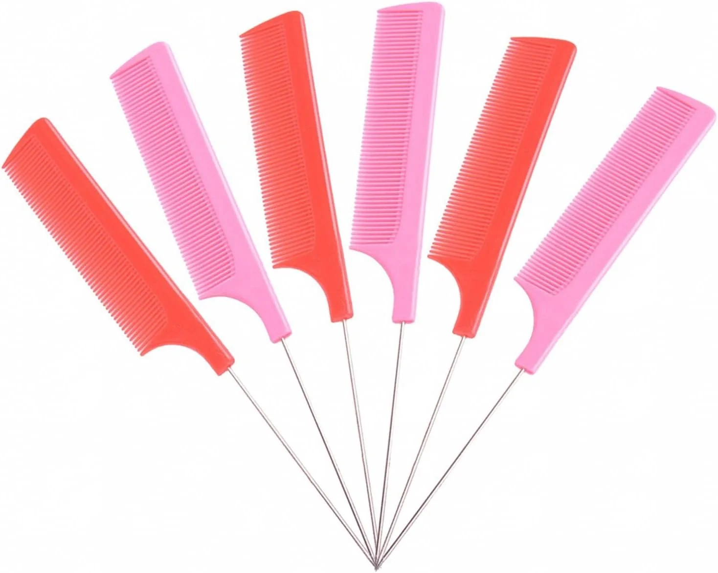 شانه دم موشی حرفه ای 6 عددی برای آرایشگر مو، 2 رنگ سبک و بادوام، مناسب برای انواع مو، قرمز بزرگ + صورتی تیره، 6 عدد (شانه زنانه)