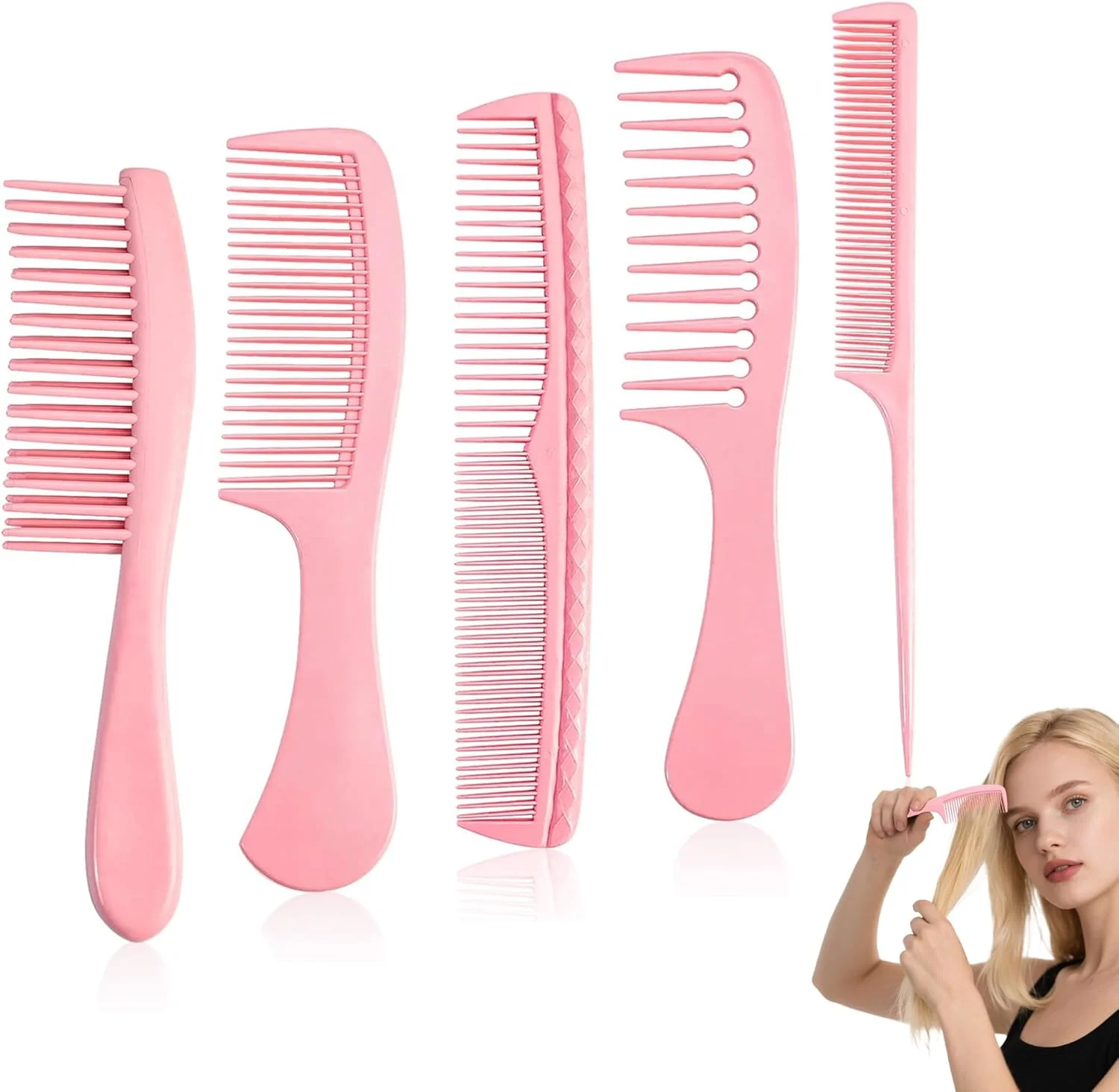 ست شانه مو 5 عددی صورتی، طراحی شیک و سبک وزن برای استفاده روزانه دختران و نوجوانان، ست شانه برای زنان، بادوام و ضد الکتریسیته ساکن، ایده آل برای موهای خیس یا خشک، ست شانه برای انواع مو