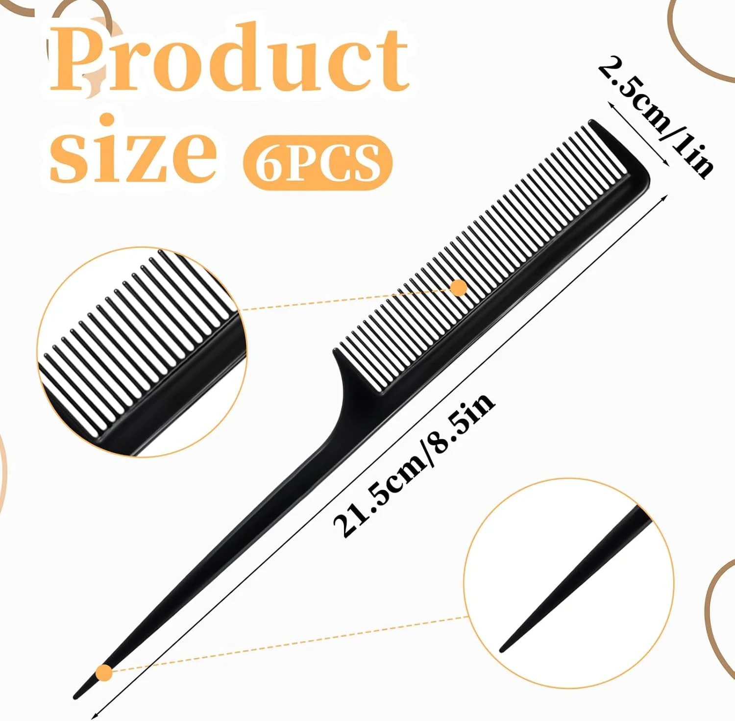 شانه پوش دهنده موی کربن فایبر ضد الکتریسیته ساکن 6 عددی، شانه دم باریک دندانه دار، شانه دم موشی مشکی برای حجم دادن به ریشه مو