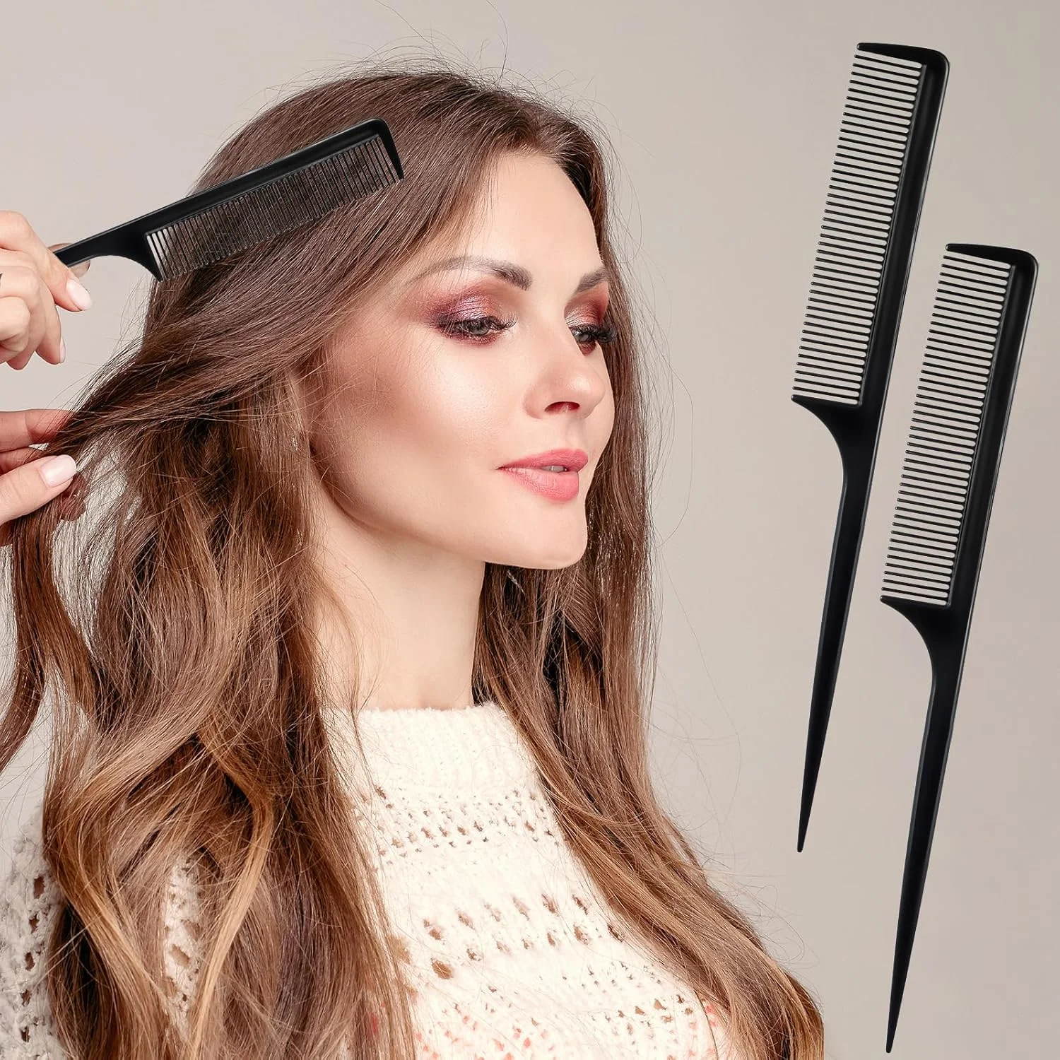 شانه پوش دهنده موی کربن فایبر ضد الکتریسیته ساکن 6 عددی، شانه دم باریک دندانه دار، شانه دم موشی مشکی برای حجم دادن به ریشه مو