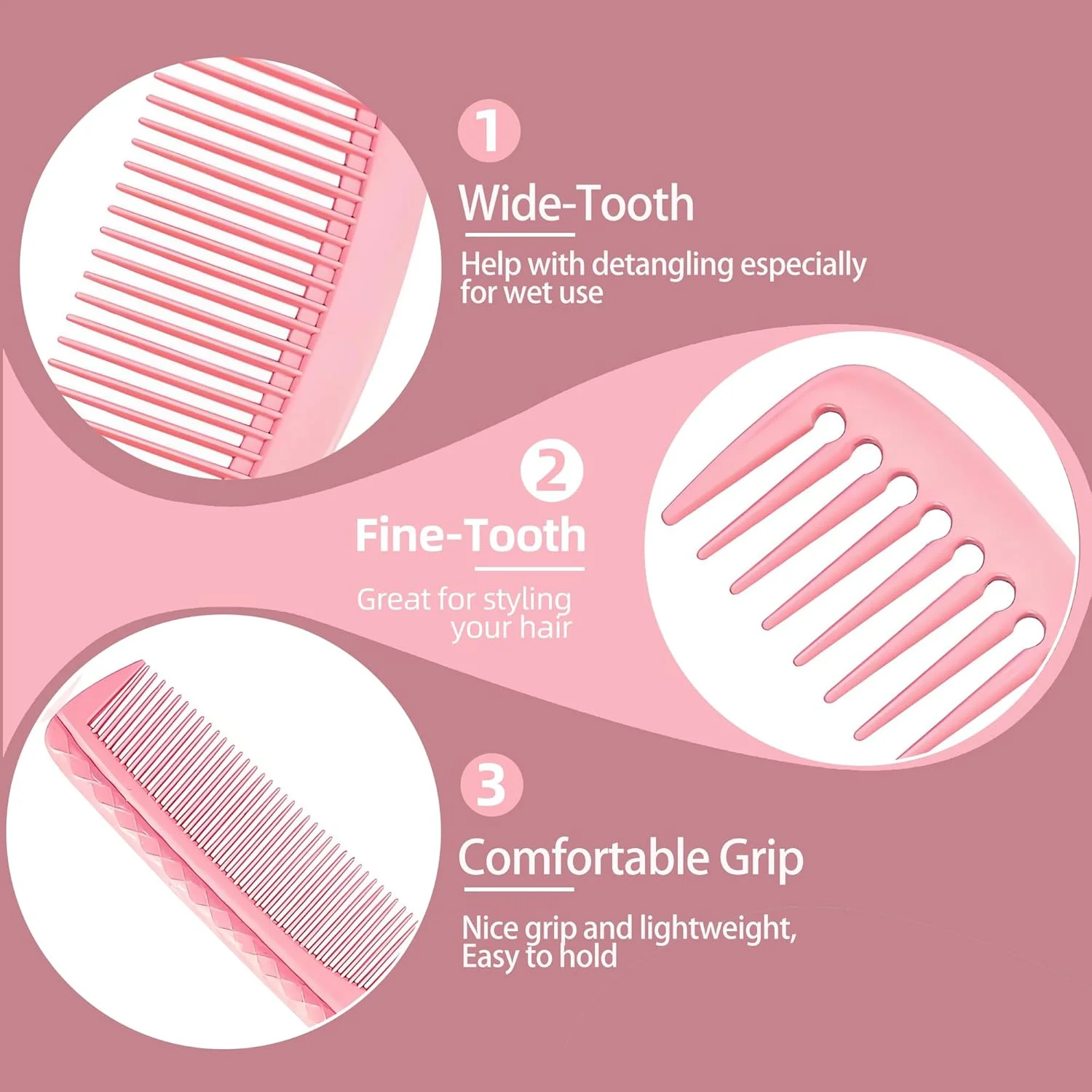 ست شانه مو 5 عددی صورتی، طراحی شیک و سبک وزن برای استفاده روزانه دختران و نوجوانان، ست شانه برای زنان، بادوام و ضد الکتریسیته ساکن، ایده آل برای موهای خیس یا خشک، ست شانه برای انواع مو