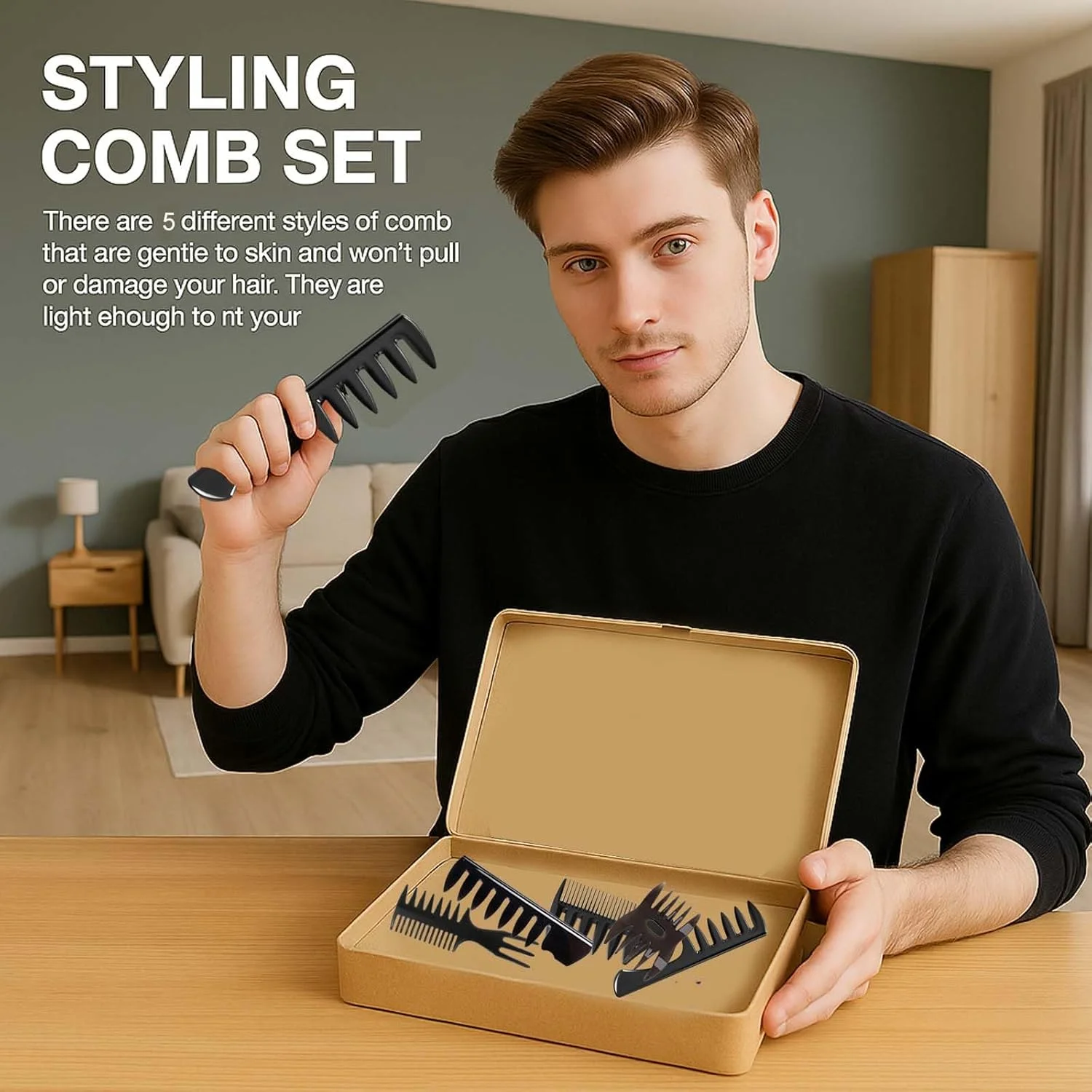 ست حالت دهنده مو مردانه 5 تکه، شانه های مو آرایشگری با دندانه پهن برای مدل موهای کوئیف، پومپادور، آندرکات مناسب برای انواع مدل موهای مردانه، وینتیج، مناسب برای استفاده در منزل و توسط آرایشگران