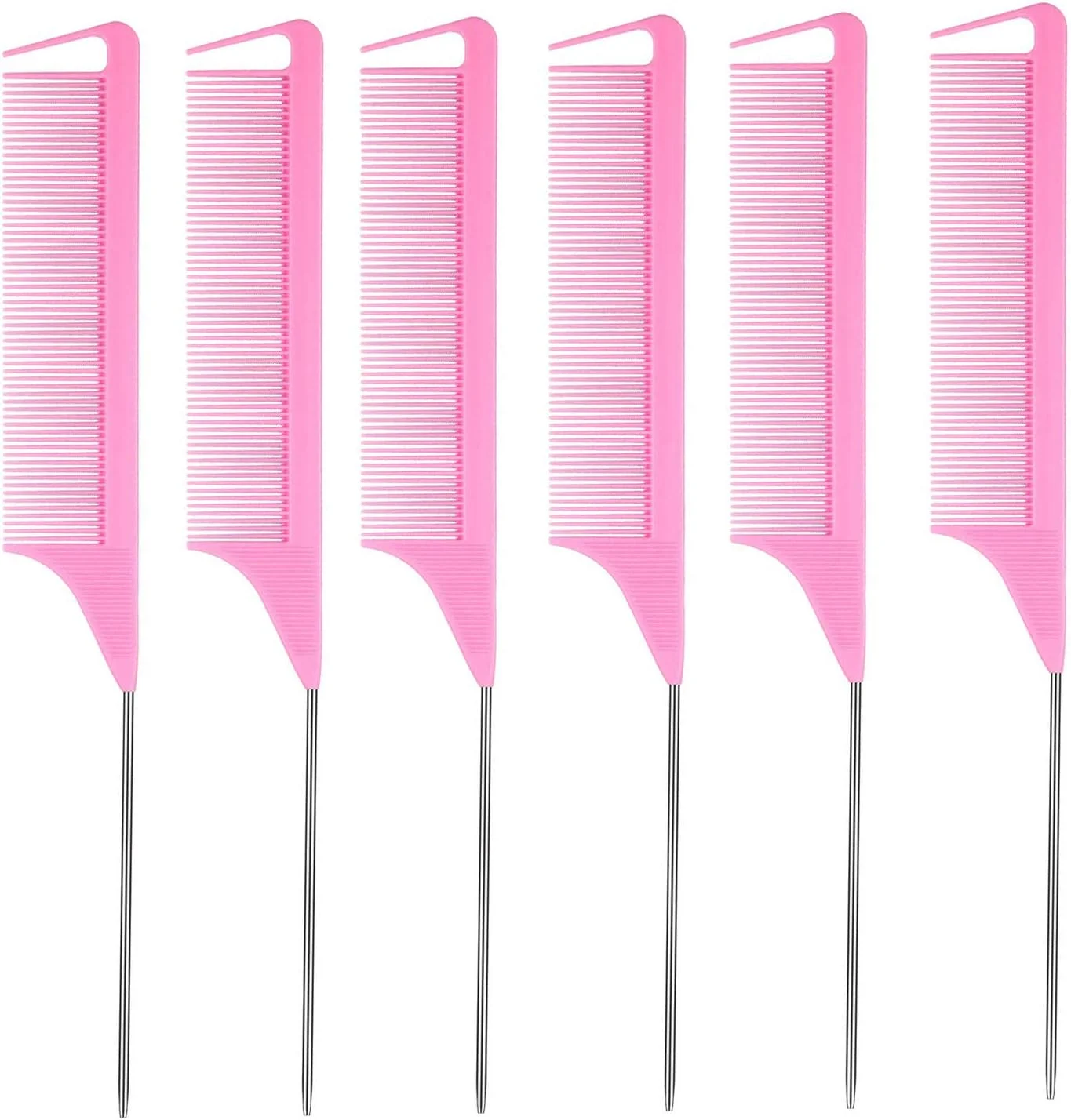 ست 6 عددی شانه دم موشی حرفه ای 23 سانتی متری - فیبر کربن صورتی و دم فلزی استیل - مقاوم در برابر مواد شیمیایی و حرارت، مناسب برای آرایشگران - شانه دم موشی سبک وزن برای انواع مو