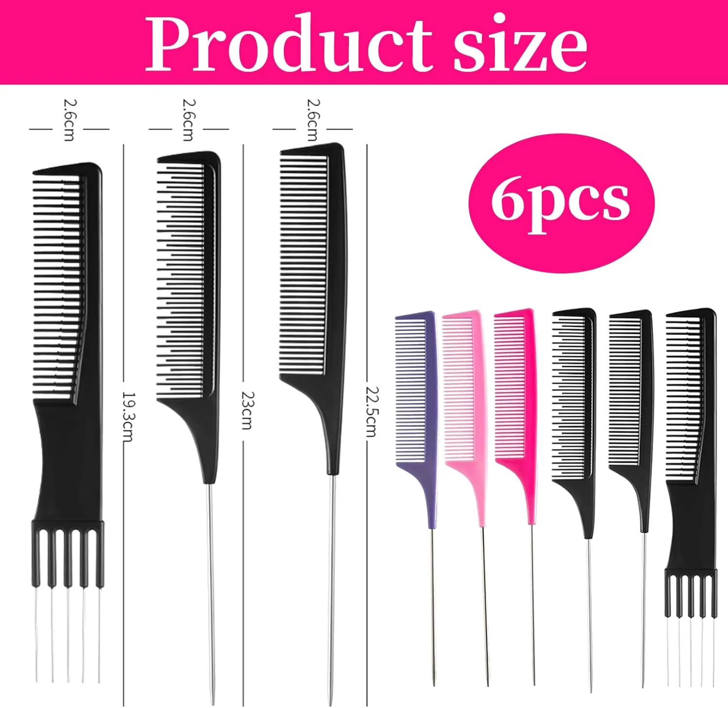 شانه مو 6 عددی، شانه دم موشی، شانه های دم دار ضد الکتریسیته ساکن، شانه آرایشگری دندانه ریز سالن، برای بافت مو، ابزارهای زیبایی حالت دهنده مو