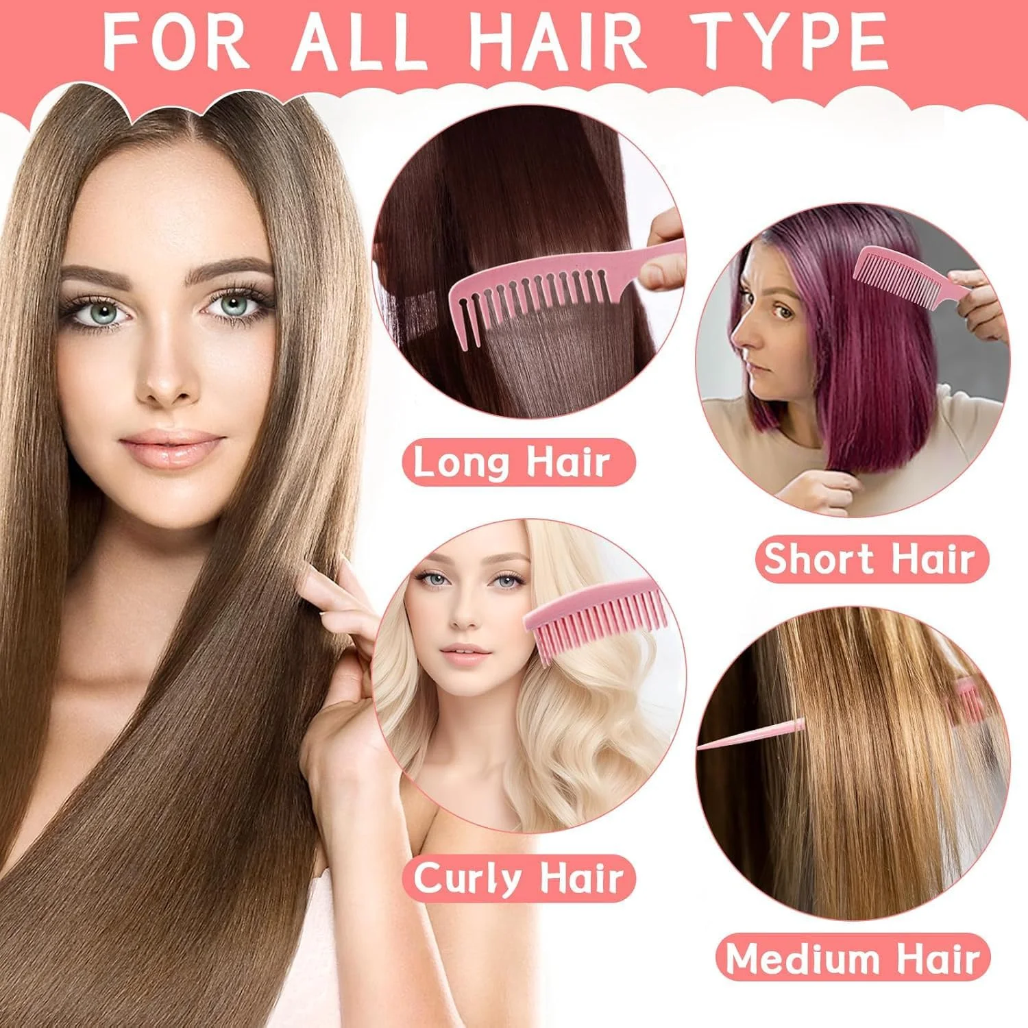 ست شانه مو 5 تکه - شانه‌های حالت دهنده حرفه‌ای برای استفاده در سالن و منزل، شانه‌های باز کننده گره، شانه دم موشی، مقاوم در برابر حرارت و ضد الکتریسیته ساکن (صورتی)