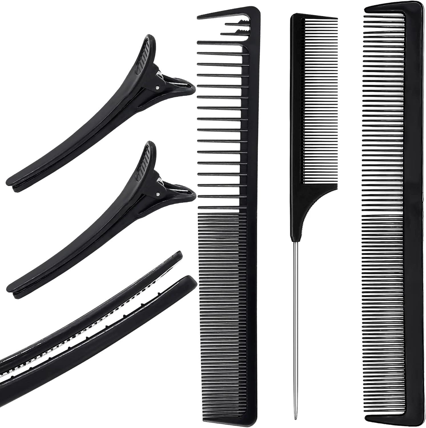 ست 5 عددی گیره تقسیم مو و شانه دم موشی کربنی ضد الکتریسیته ساکن، دندانه ریز و درشت، مناسب آرایش عروس، آرایشگری، کوتاهی مو، مناسب برای موهای بلند، فر، خیس، ضخیم و آفریقایی