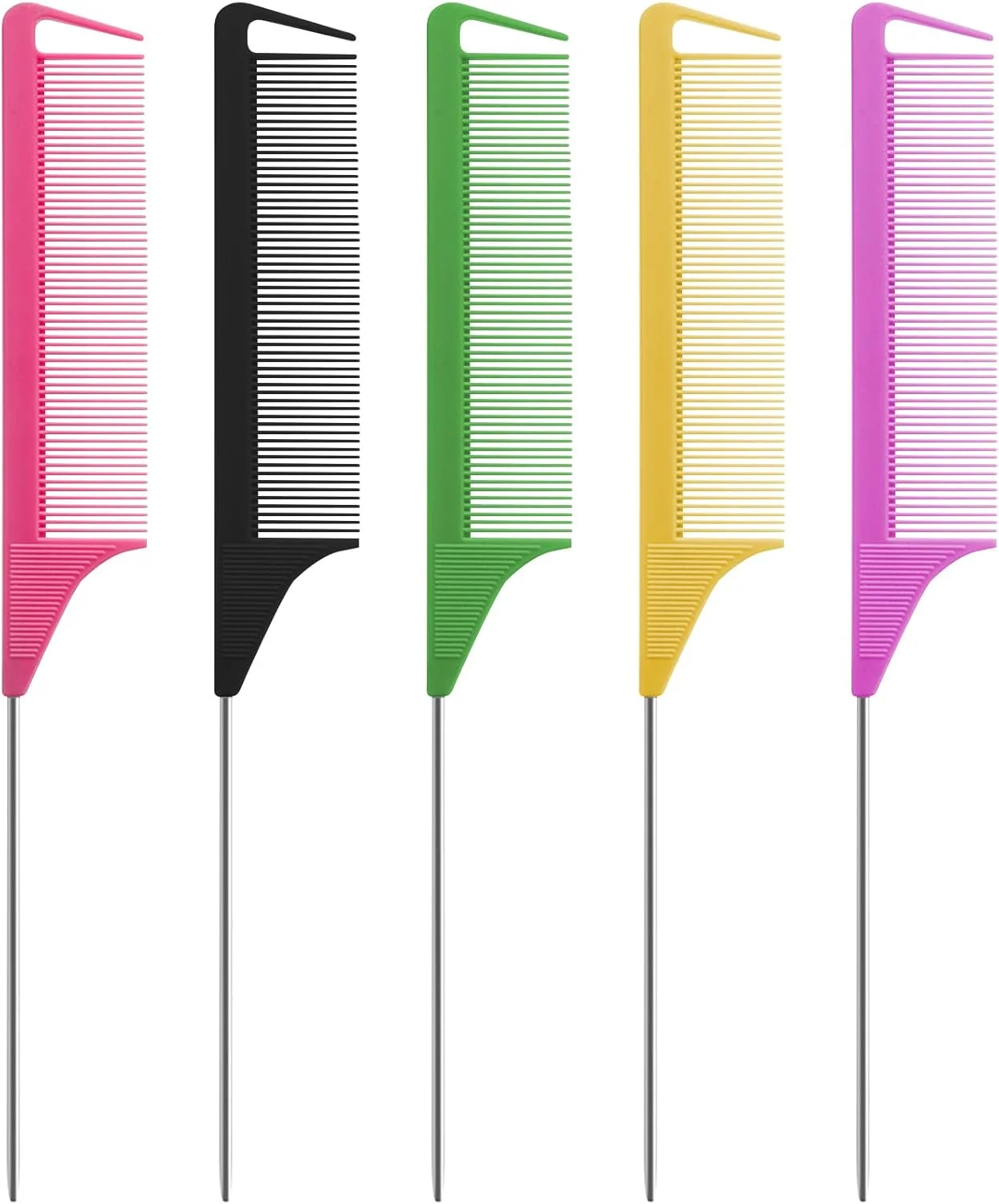 ست 5 عددی شانه مو - شانه‌های دم باریک ضد الکتریسیته ساکن - شانه‌های دندانه ریز - شانه‌های دم سوزنی جداکننده مو - شانه آرایشگری سالنی با دسته استیل ضد زنگ - شانه مو برای زنان و مردان