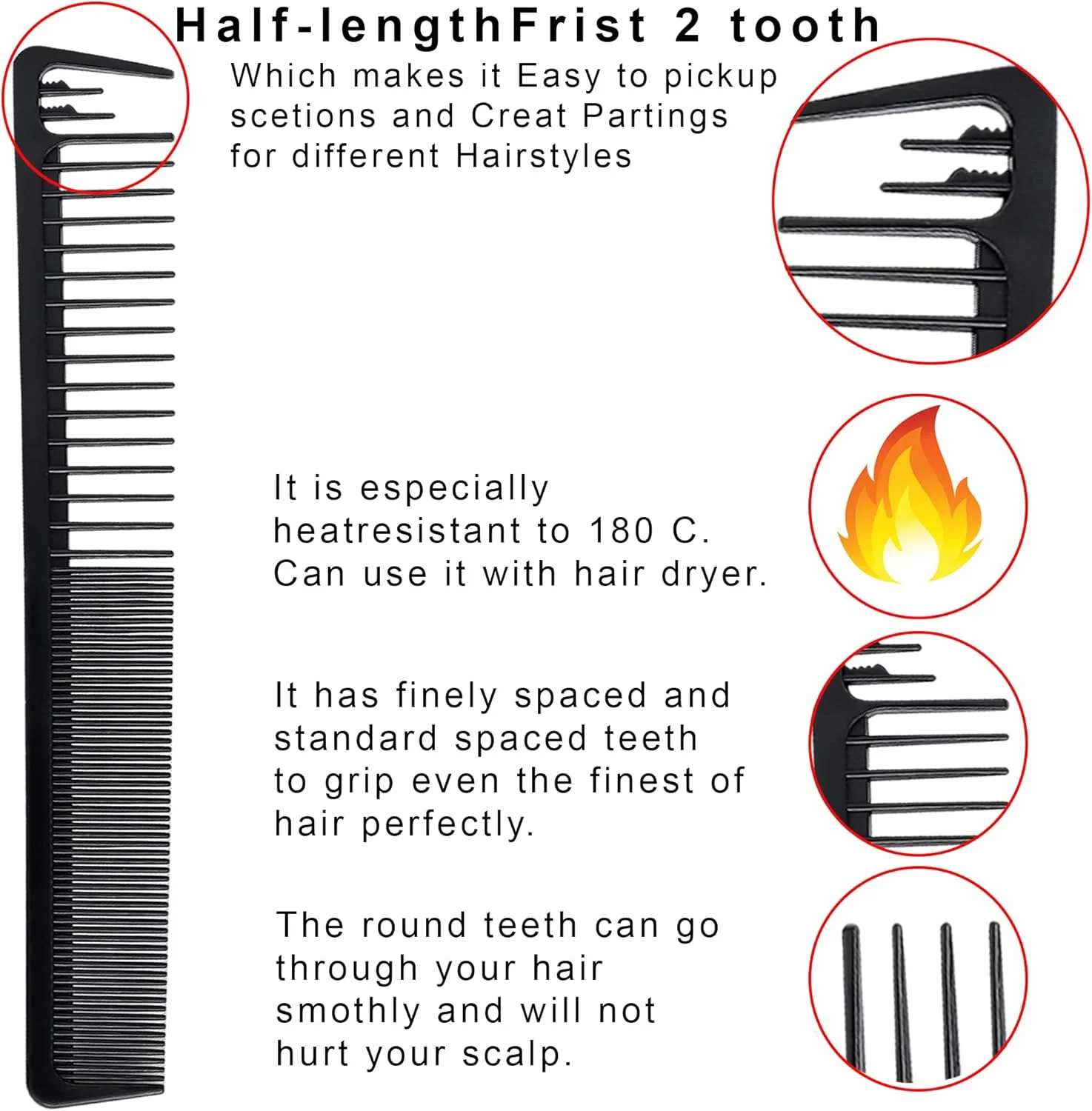 ست 5 عددی گیره تقسیم مو و شانه دم موشی کربنی ضد الکتریسیته ساکن، دندانه ریز و درشت، مناسب آرایش عروس، آرایشگری، کوتاهی مو، مناسب برای موهای بلند، فر، خیس، ضخیم و آفریقایی