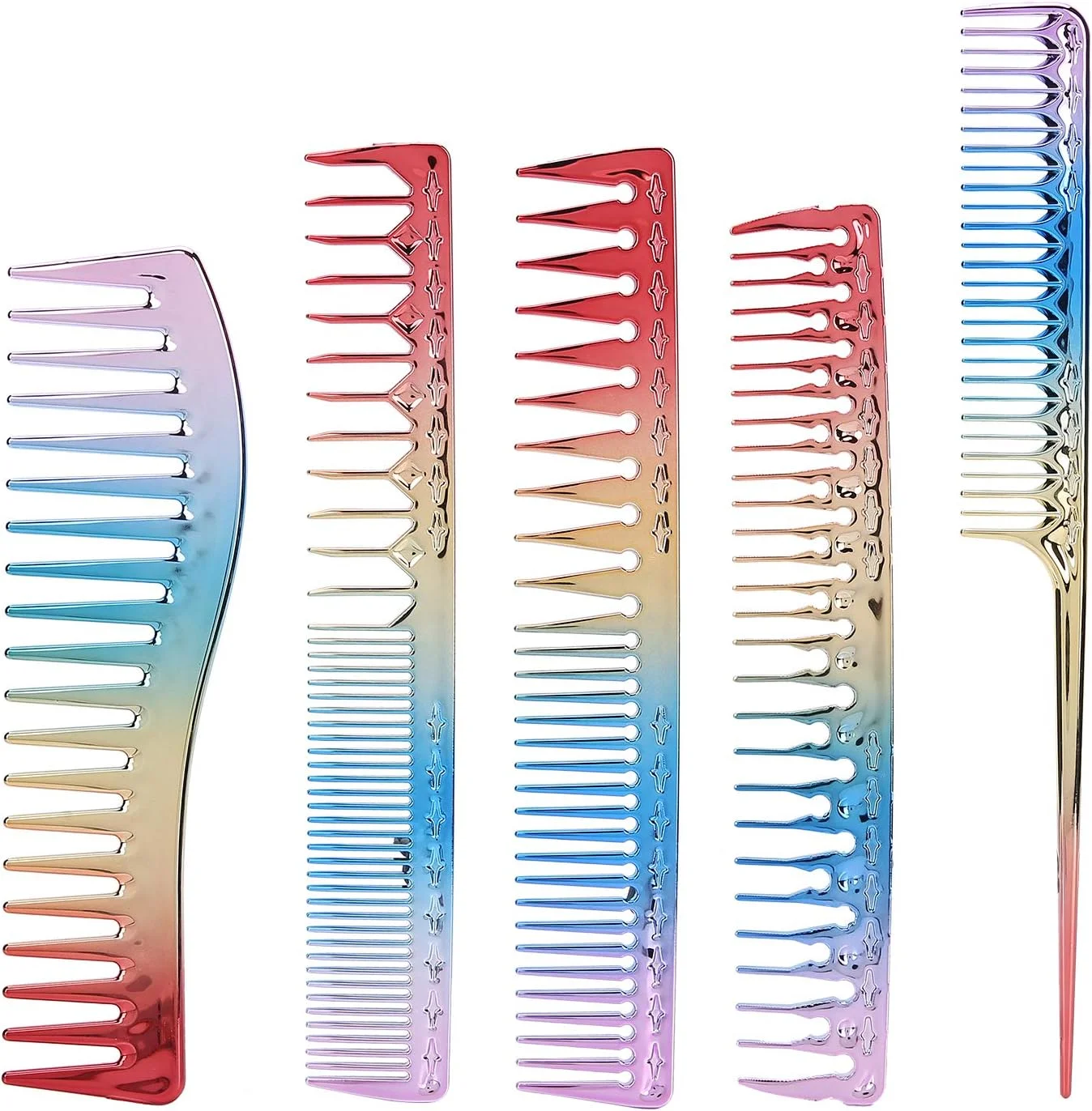 ست 5 عددی شانه مو رنگین کمانی، شانه دم موشی، شانه دندانه پهن باز کننده گره مو و شانه حالت دهنده ضد الکتریسیته ساکن مقاوم در برابر حرارت مناسب برای انواع مو