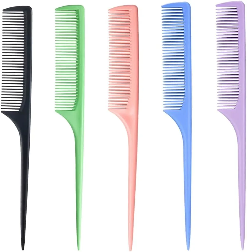 5 PCS Tail Comb Plastic Rat Tail Hair Comb Fine Lines Pintail Comb Antistatic Teasing Hair Comb with Long Handled for Women Men Girl Salon Home Supplies