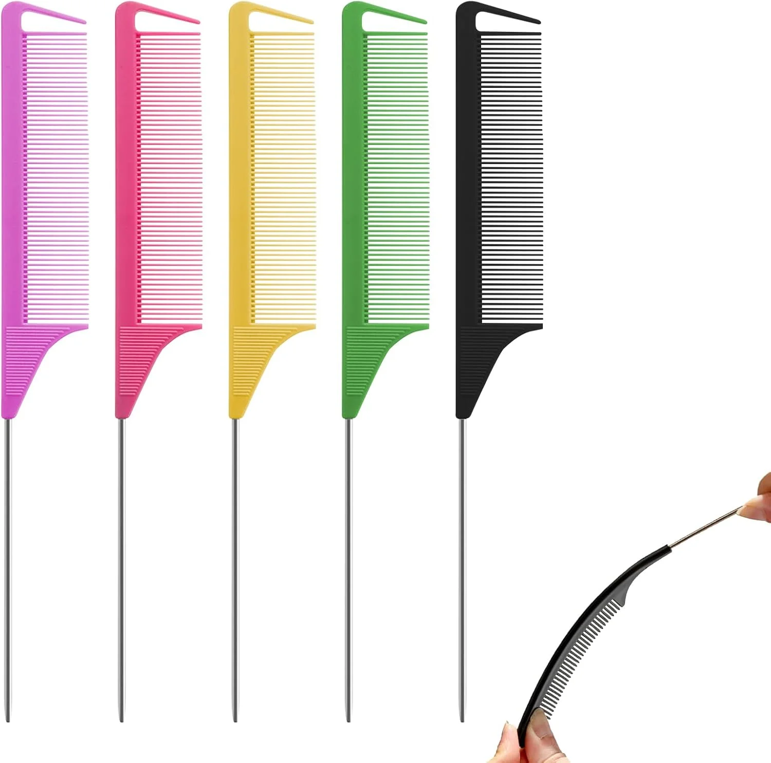 5 Pcs Tail Comb Hair Combs for Women Anti-Static Rat Tail Styling Highlighting Combs for Separating Hair Rat Comb Set Durable Lightweight (purple, rose, green, black, yellow)