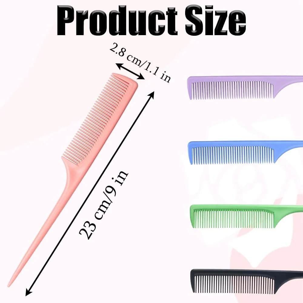 5 PCS Tail Comb Plastic Rat Tail Hair Comb Fine Lines Pintail Comb Antistatic Teasing Hair Comb with Long Handled for Women Men Girl Salon Home Supplies