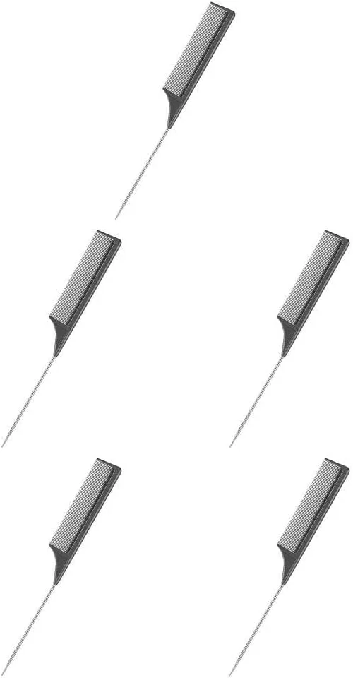 5 PCS Rat Tail Combs Carbon Fiber Metal Lightweight for Heat Durable Electrostatic Prevention Hair Pick for Evening Styling Up- Black