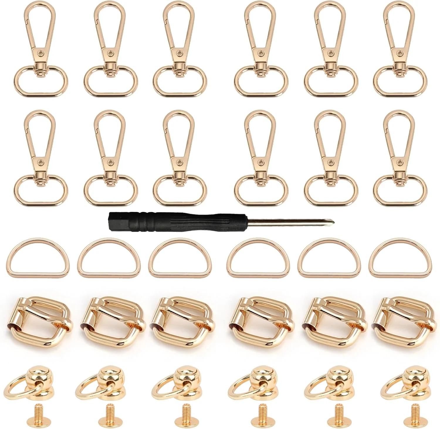FENGJINGJIACHENG 30 Pcs Bag Making Hardware Kit, Sliding Buckles, Slide Buckle, Metal d Rings Studs Rivets Replacement, Swivel Snap Hooks Carabiner Keychain for DIY Backpack Handbag Strap Dog Collars