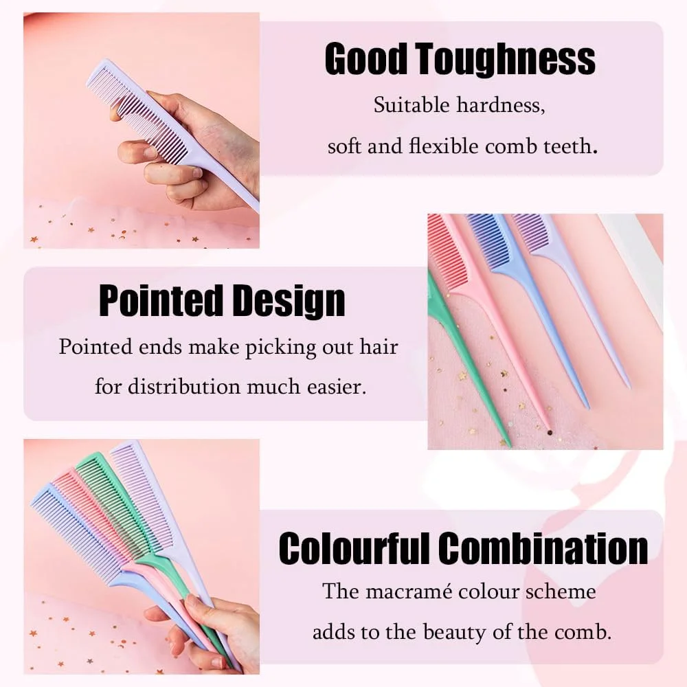 5 PCS Tail Comb Plastic Rat Tail Hair Comb Fine Lines Pintail Comb Antistatic Teasing Hair Comb with Long Handled for Women Men Girl Salon Home Supplies