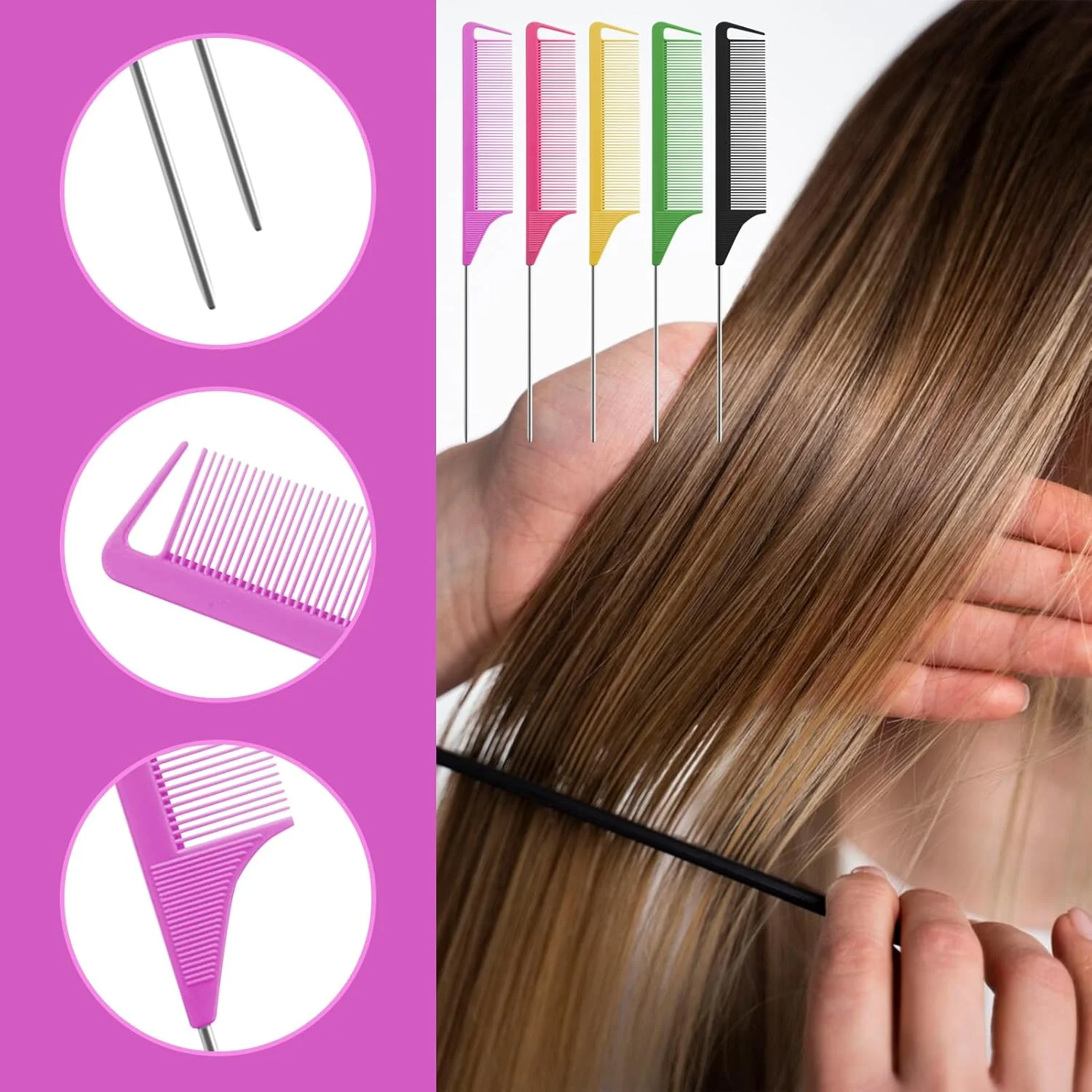 5 Pcs Tail Comb Hair Combs for Women Anti-Static Rat Tail Styling Highlighting Combs for Separating Hair Rat Comb Set Durable Lightweight (purple, rose, green, black, yellow)