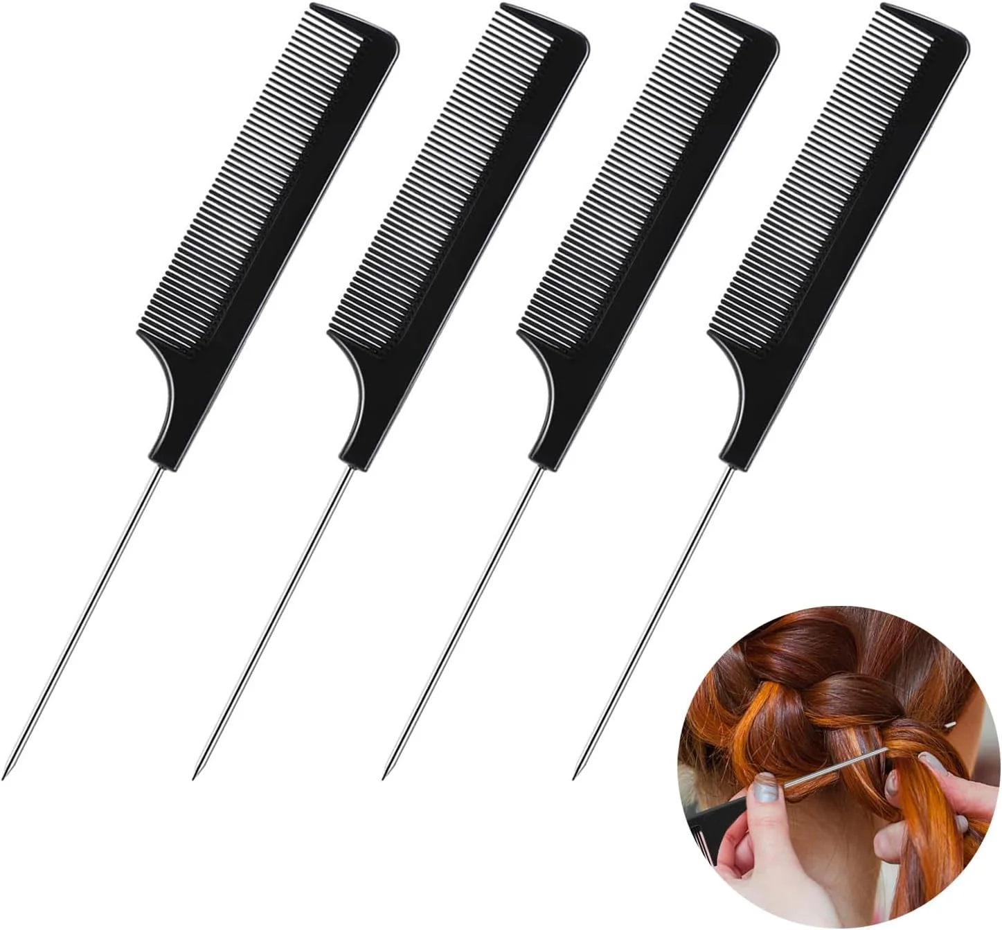 ست شانه مو 4 عددی، شامل شانه دم باریک ضد الکتریسیته ساکن، شانه دندانه ریز، شانه دم فلزی، شانه هایلایت، شانه تقسیم مو مقاوم در برابر حرارت، شانه پوش دهنده مو برای زنان و مردان