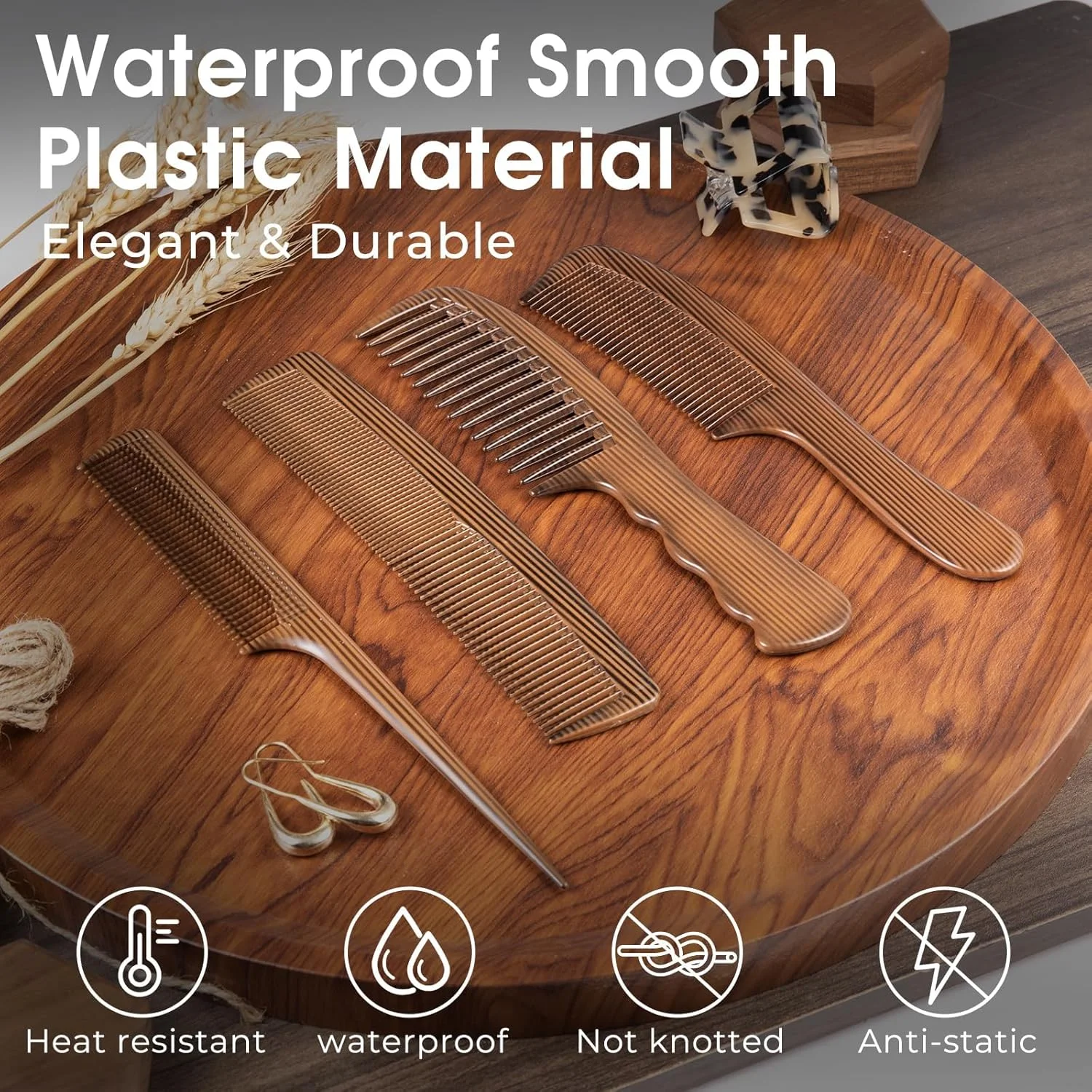 ست شانه چوبی طرح دانه چوب 4 تکه، دندانه پهن، دندانه ریز، دم موشی و شانه ریش دو طرفه، ابزارهای حالت دهنده ضد الکتریسیته ساکن و مقاوم در برابر حرارت برای مردان، زنان، آرایشگران، موهای مجعد و صاف