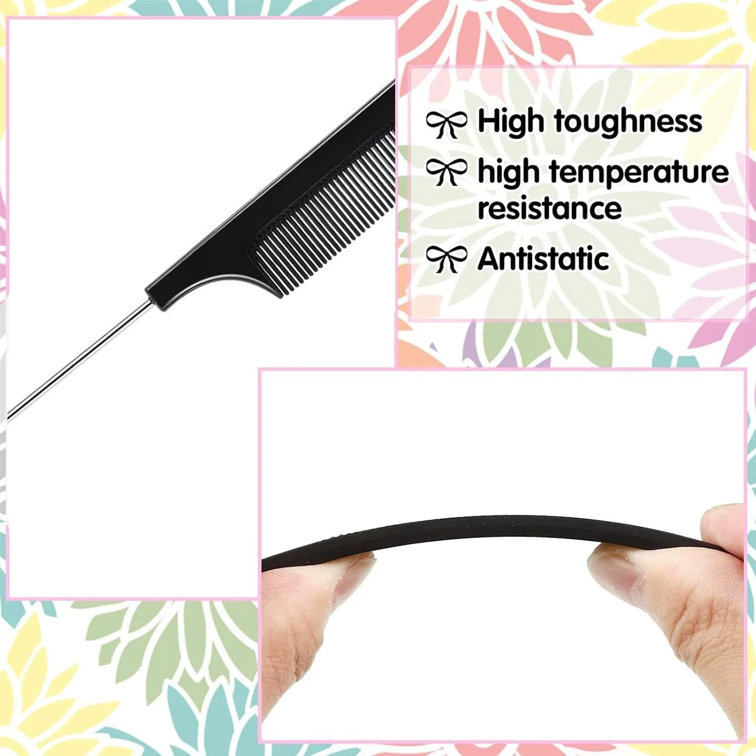 ست شانه مو 4 عددی، شامل شانه دم باریک ضد الکتریسیته ساکن، شانه دندانه ریز، شانه دم فلزی، شانه هایلایت، شانه تقسیم مو مقاوم در برابر حرارت، شانه پوش دهنده مو برای زنان و مردان