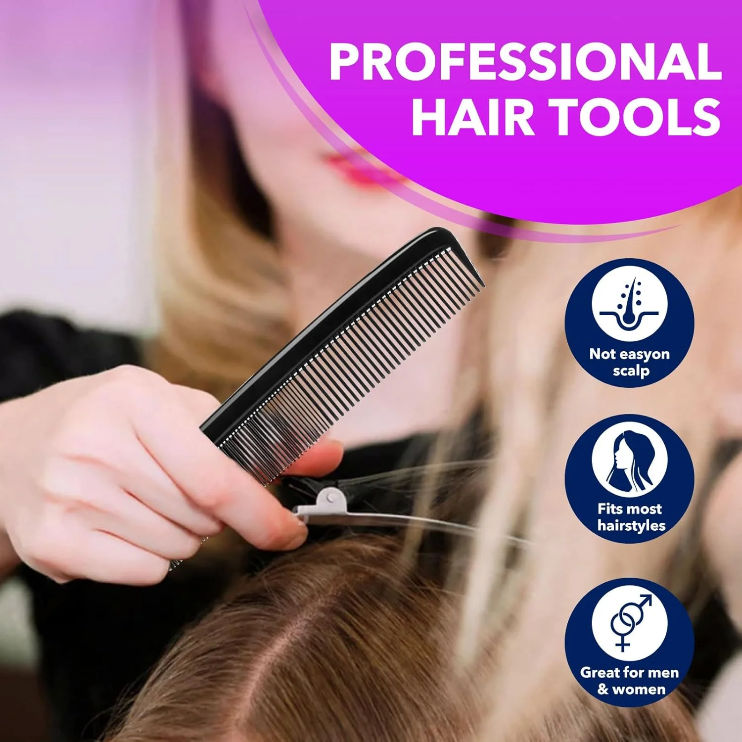 ست شانه مشکی حرفه ای 5 تکه، شانه موی ممتاز، شانه های دم باریک دندانه ریز و شانه حالت دهنده برای آقایان و بانوان، ایده آل برای جدا کردن، پوش دادن، آرایشگری و حالت دادن روزمره