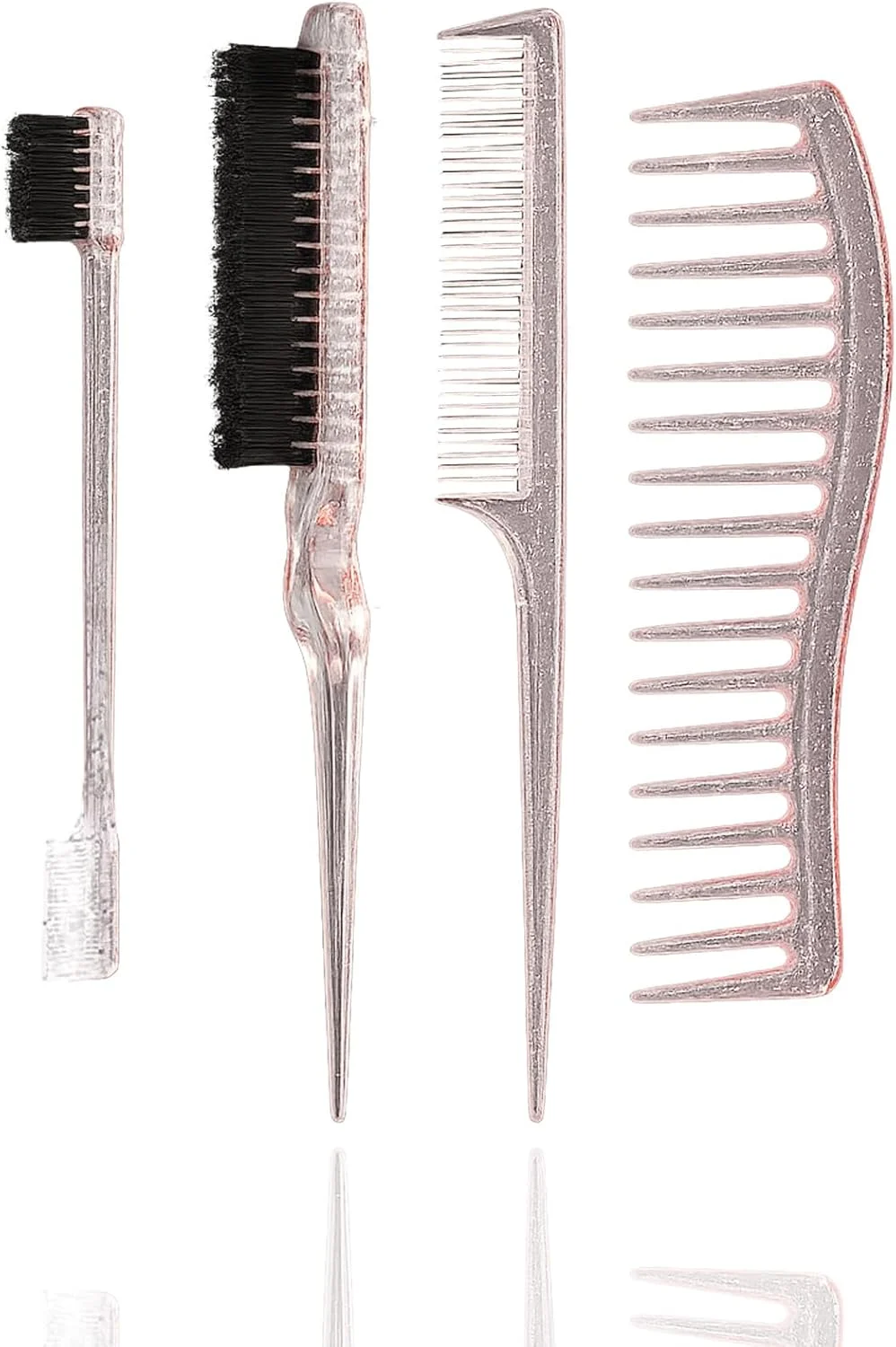 ست شانه حالت دهنده مو 4 عددی، برس لبه دو طرفه، شانه پوش دهنده مو دم موشی، شانه‌ها برای زنان، کنترل لبه، موهای پلاستیکی، برای خانه، آرایشگاه‌ها، صورتی نقره‌ای شفاف