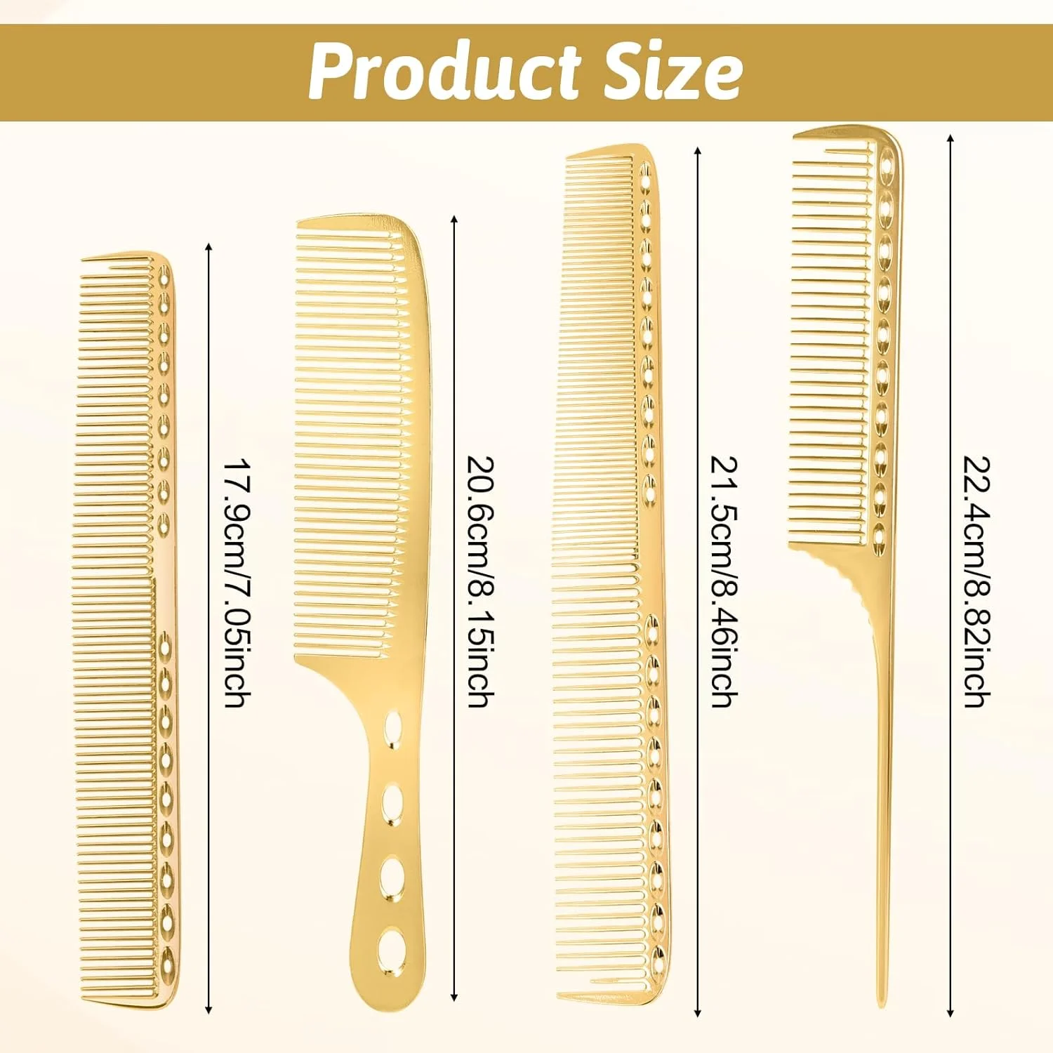 ست شانه حالت دهنده مو آلومینیوم فضایی 4 عددی، شانه های دندانه ریز فلزی ضد الکتریسیته ساکن، مناسب برای آرایشگران حرفه ای، ابزار زیبایی برای زنان و مردان (طلایی)
