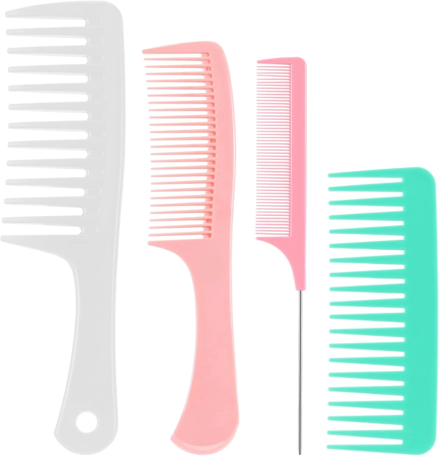 ست شانه مو 4 عددی برای زنان، شانه دندانه پهن باز کننده گره مو، شانه دم موشی دندانه ریز برای حالت دادن به موهای خیس، فر، ضخیم و نازک