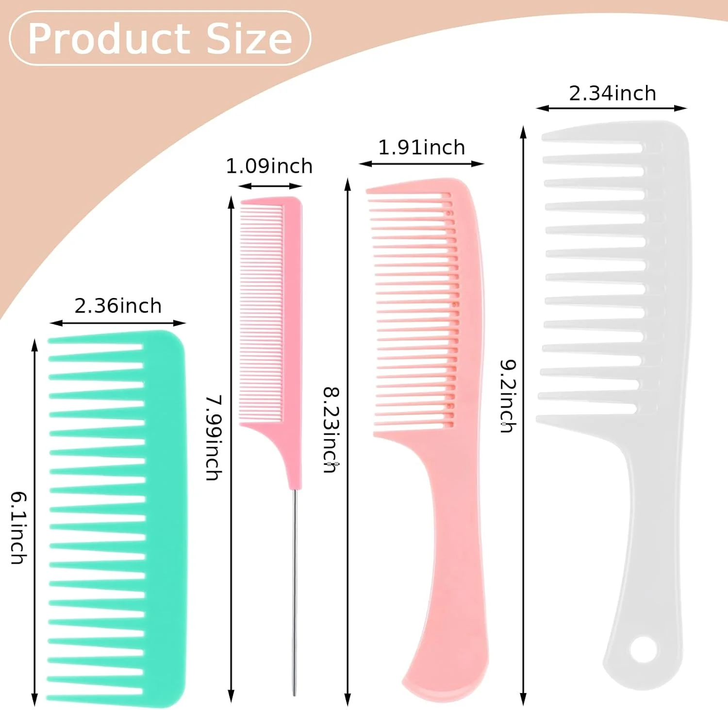 ست شانه مو 4 عددی برای زنان، شانه دندانه پهن باز کننده گره مو، شانه دم موشی دندانه ریز برای حالت دادن به موهای خیس، فر، ضخیم و نازک