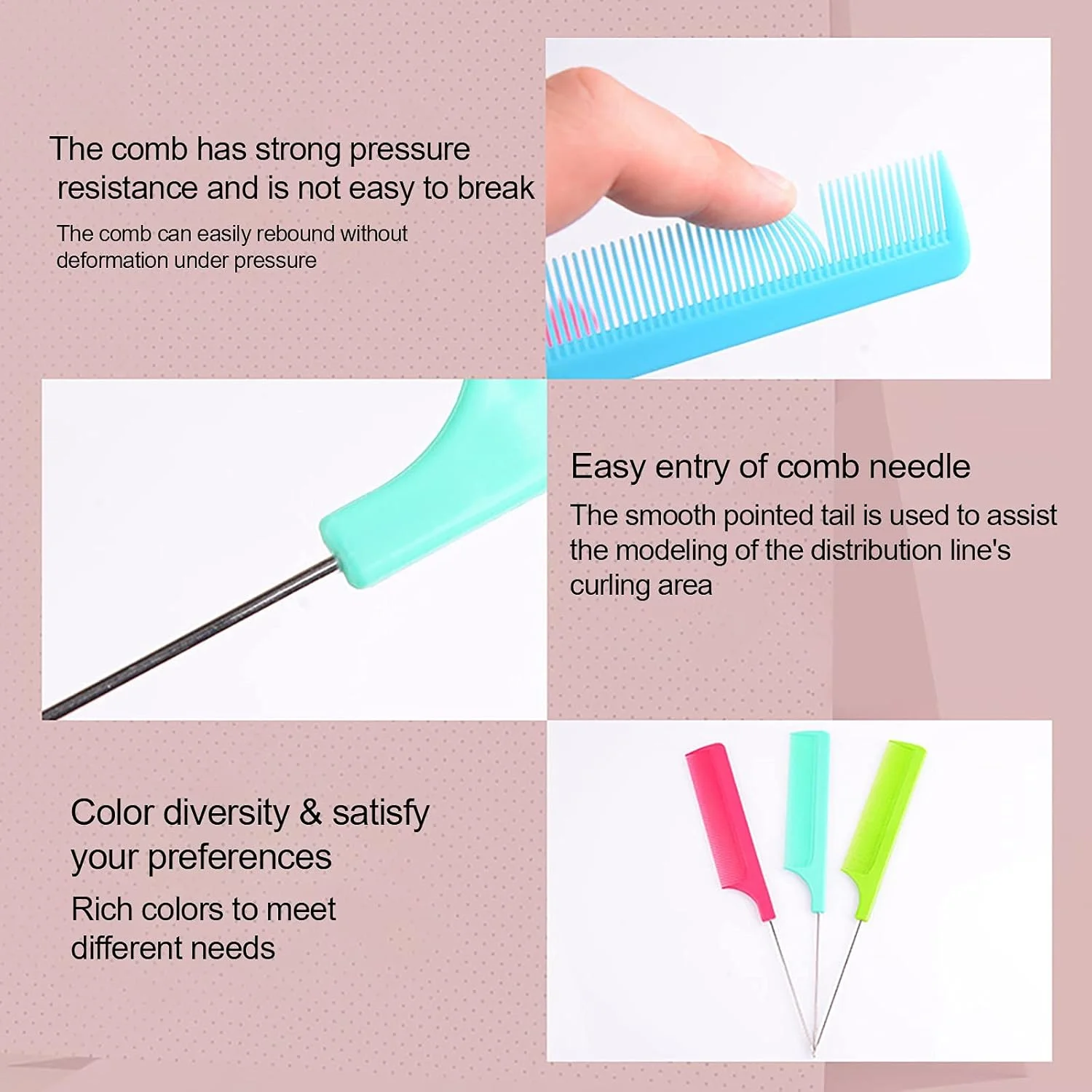 ست ۳ عددی شانه دم موشی، شانه های حالت دهنده آرایشگری برای زنان، شانه آرایشگری ضد الکتریسیته ساکن و مقاوم در برابر حرارت برای سالن های آرایش و منزل (B، مطابق تصویر)