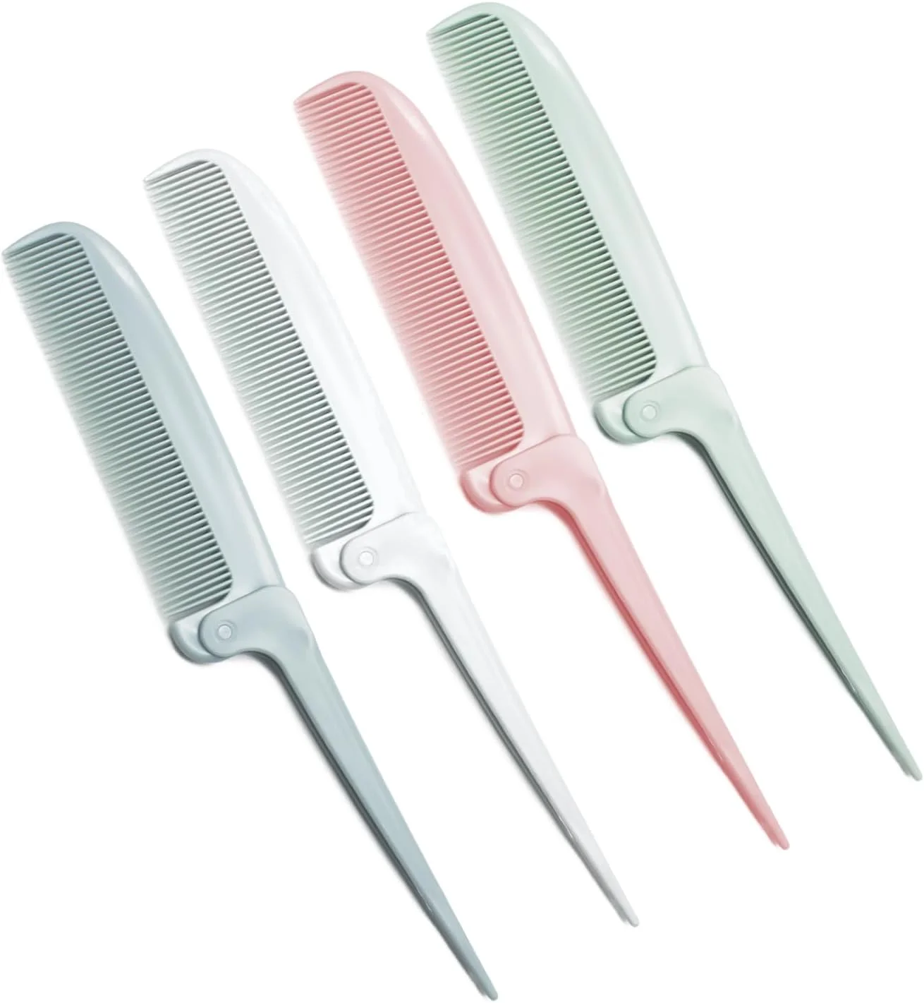 شانه های تقسیم مو، بسته 4 عددی، ابزارهای زیبایی حالت دهی مو، شانه های دم موشی، شانه تاشو مسافرتی، مناسب آرایشگران (سفید، صورتی، آبی روشن، سبز روشن)