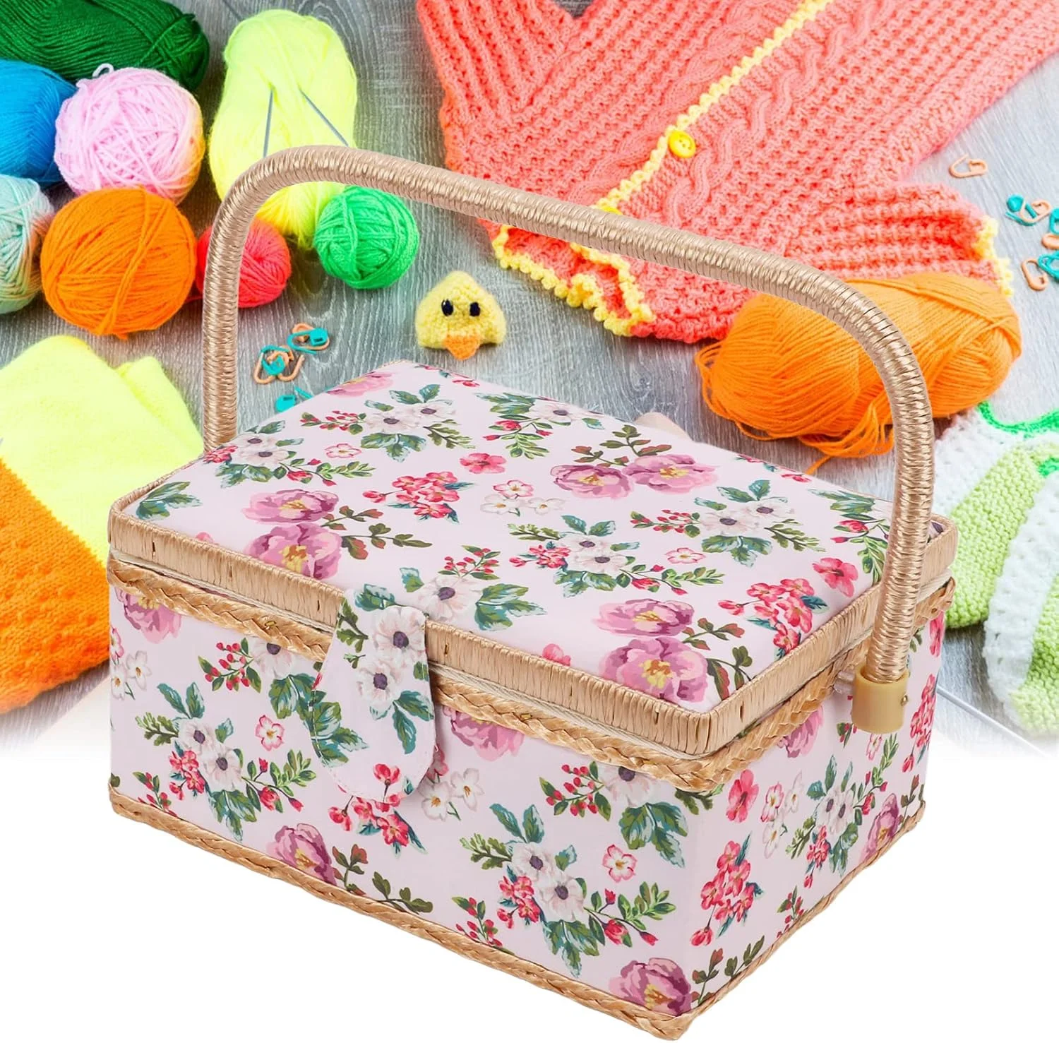 سبد خیاطی دو لایه Fdit با ظرفیت بزرگ، دسته راحت، ظاهر گلدار، برای مسافرت در خانه و محل کار سبد خیاطی دو لایه Fdit با ظرفیت بزرگ، دسته راحت، ظاهر گلدار، برای مسافرت در خانه و محل کار