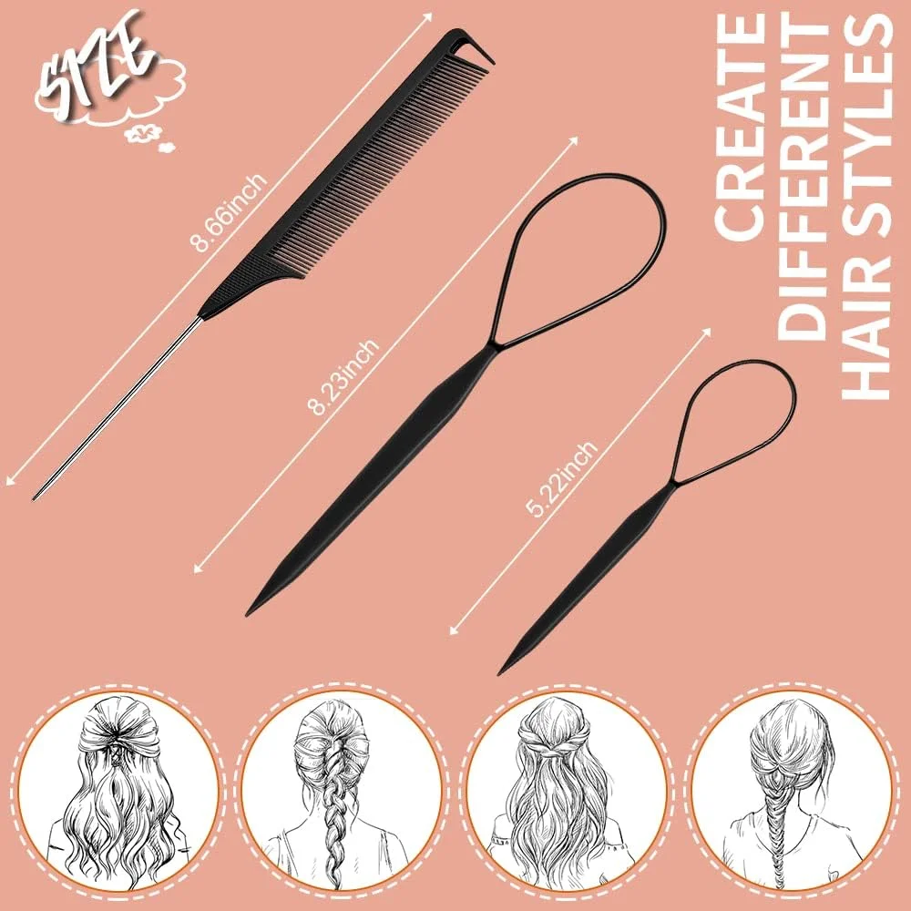 مجموعه 3 عددی ابزار حالت دهی مو شامل ابزار بافت فرانسوی، شانه دم باریک و شانه بافت فلزی، مشکی